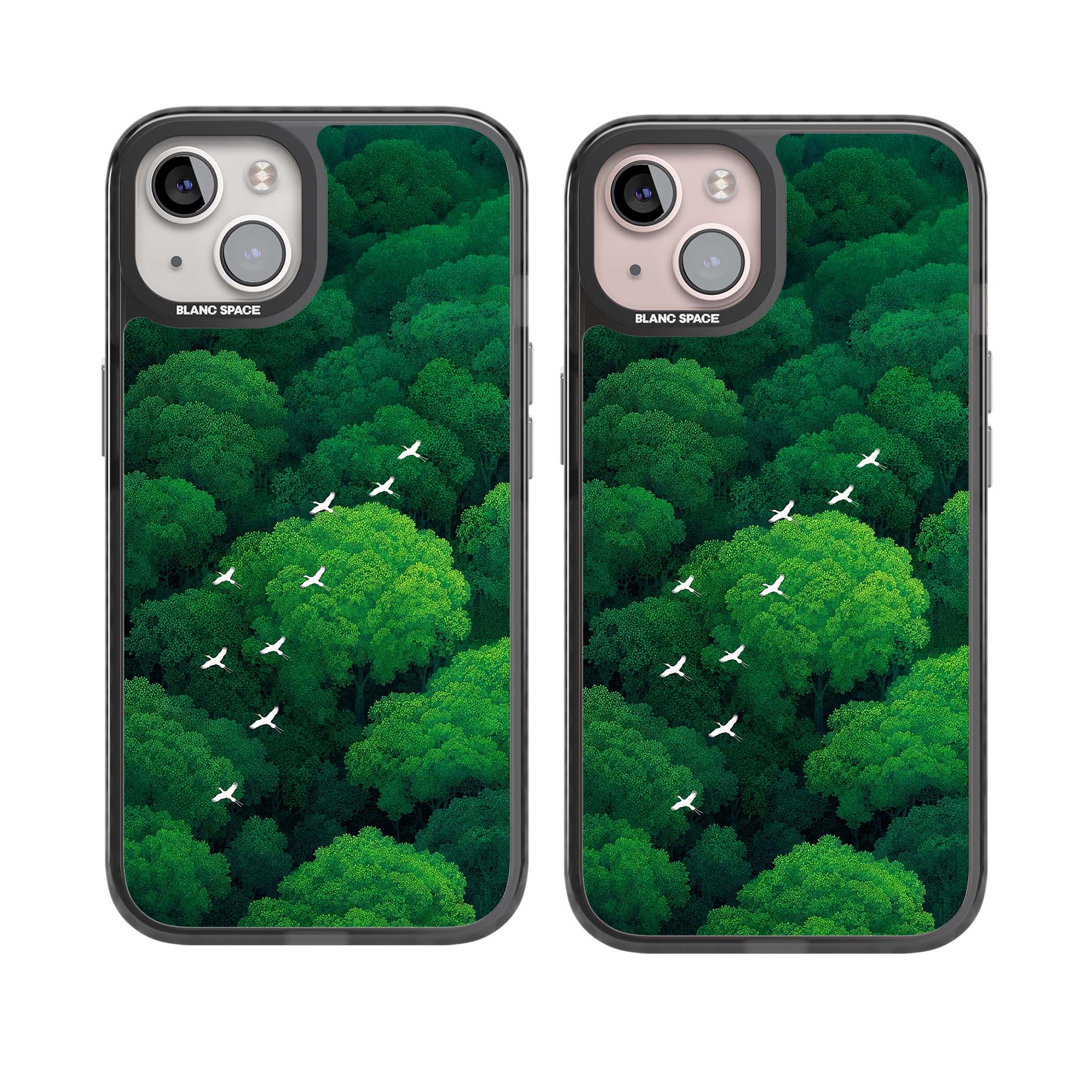 Grove Migration forest iPhone case featuring white cranes flying over lush green treetop canopy | Black Impact case for iPhone 13, iPhone 14, iPhone 15