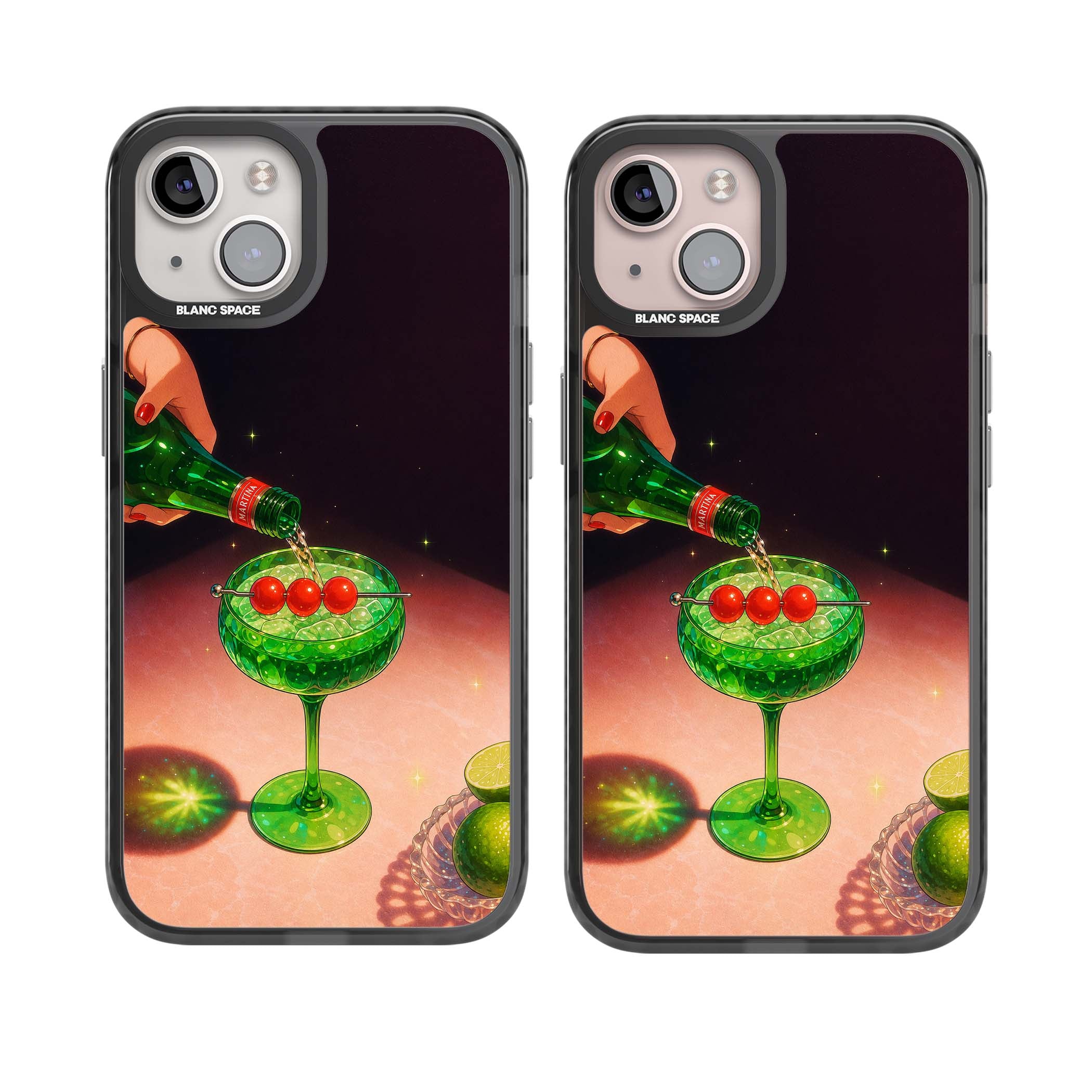 Absinthe Hour cocktail iPhone case featuring a green coupe glass, cherry garnish and vintage bottle pour illustration | Black Impact case for iPhone 13, iPhone 14, iPhone 15