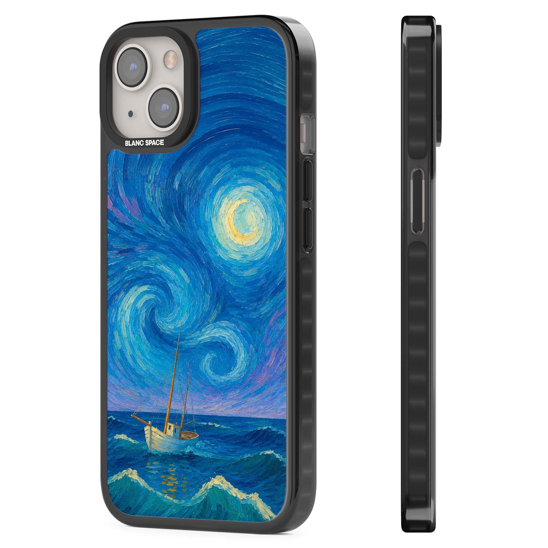 Moonlit Tide Van Gogh art iPhone case featuring swirling starry night sky, glowing moon and lone sailing boat at sea | Black Impact case for iPhone 13, iPhone 14, iPhone 15