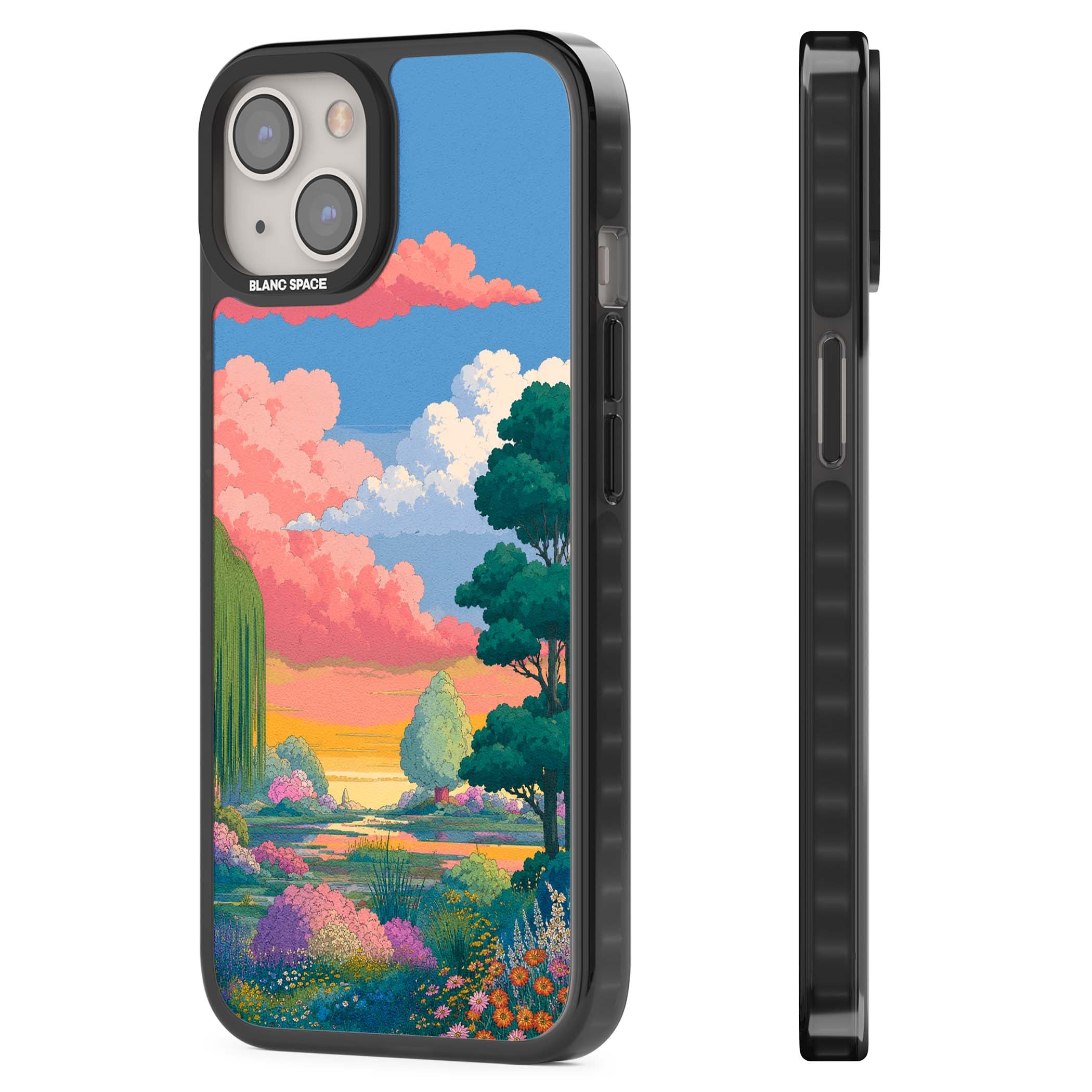 Dream Valley anime landscape iPhone case featuring pink sunset clouds, willow trees and wildflowers | Black Impact case for iPhone 13, iPhone 14, iPhone 15