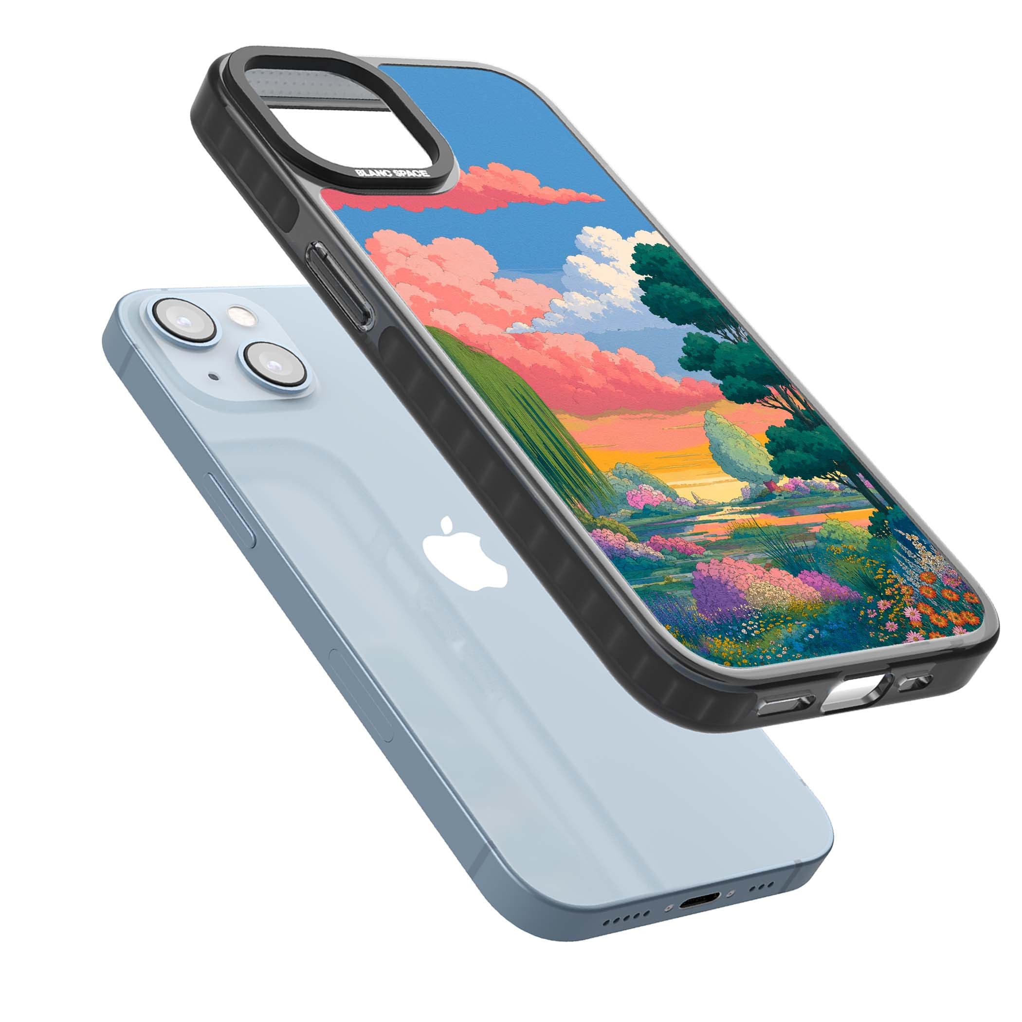 Dream Valley anime landscape iPhone case featuring pink sunset clouds, willow trees and wildflowers | Black Impact case for iPhone 13, iPhone 14, iPhone 15