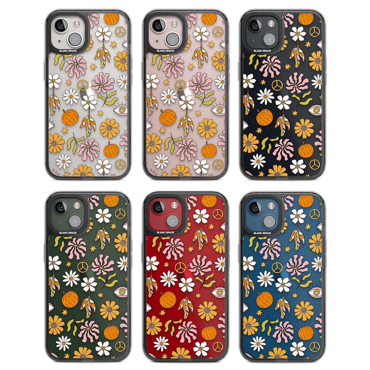 Retro Boho Fall Floral Black Impact Phone Case for iPhone 13, iPhone 14, iPhone 15