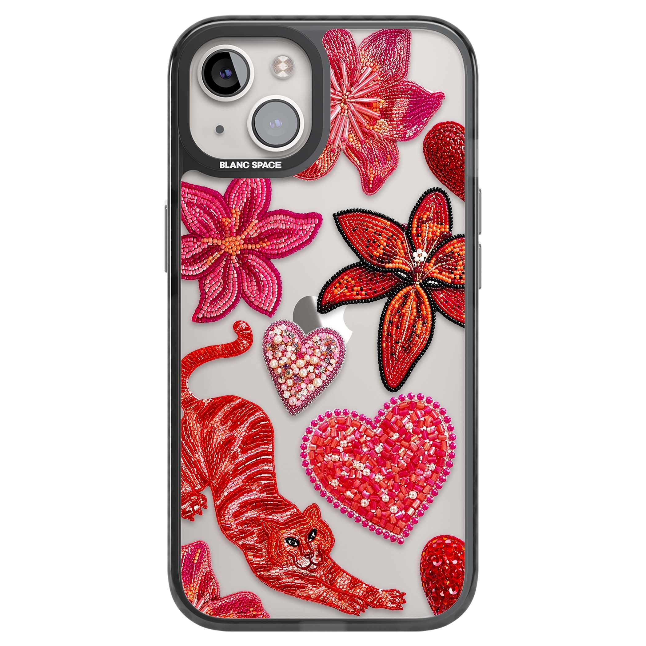 Beaded Boho floral iPhone case featuring beaded red lilies, a stitched tiger, and pearl-encrusted hearts on clear | Black Impact case for iPhone 13, iPhone 14, iPhone 15