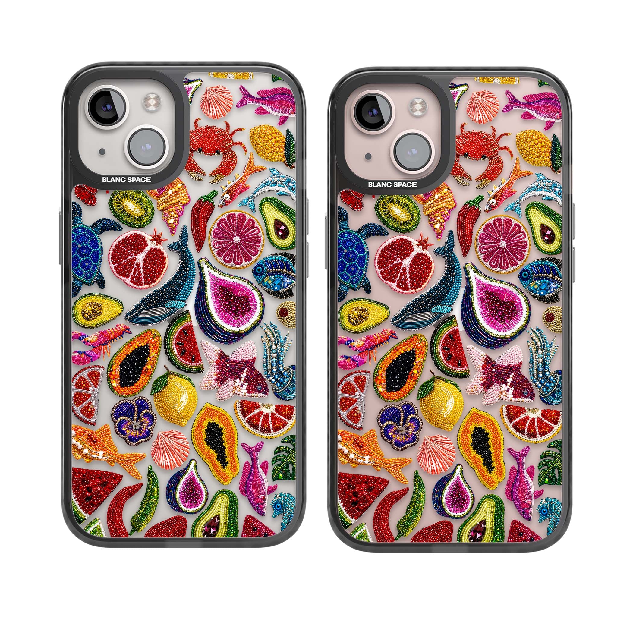 Beaded Tropic tropical iPhone case featuring beaded fruit, fish, crabs and seashells in vibrant colour | Black Impact case for iPhone 13, iPhone 14, iPhone 15
