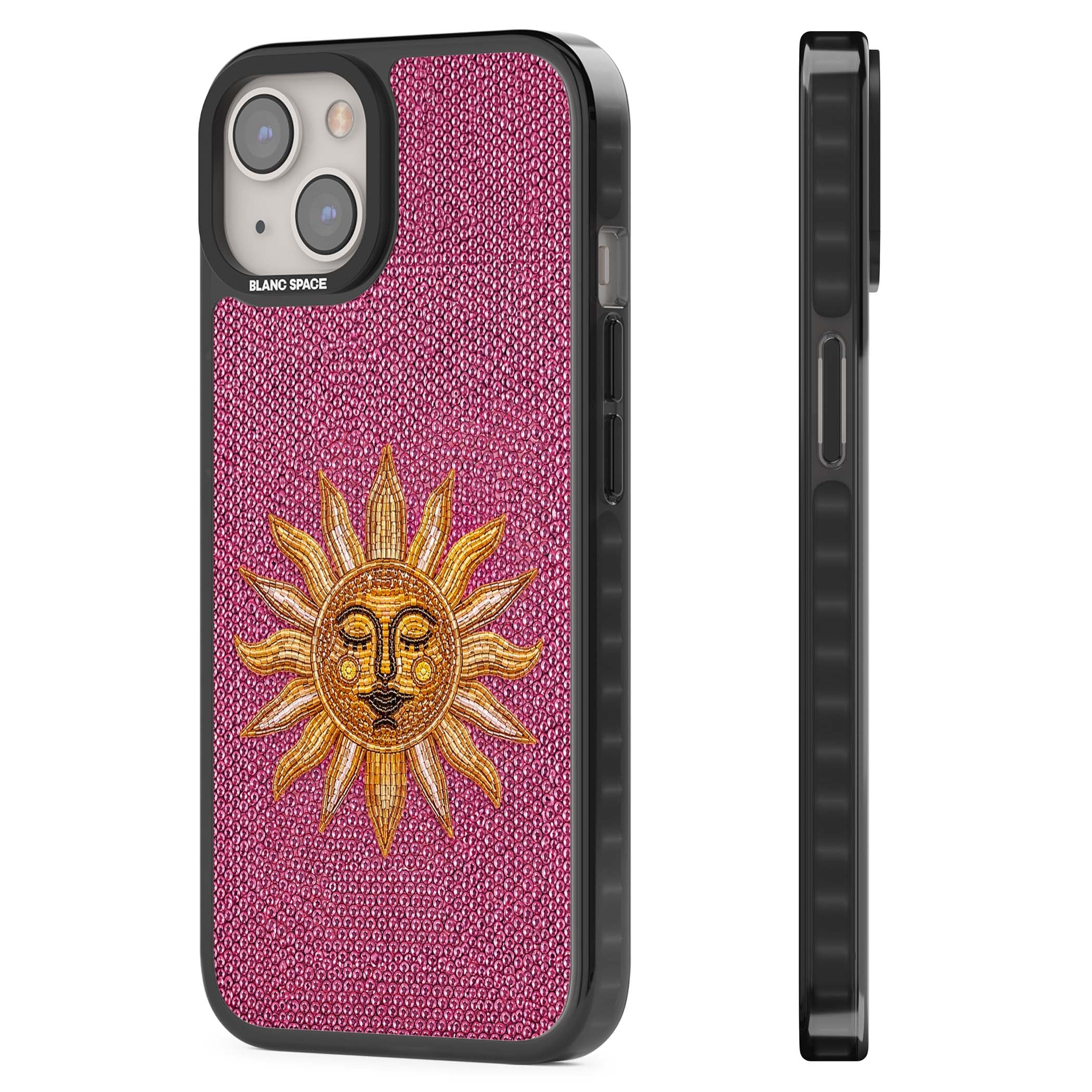 Beaded Sun celestial iPhone case featuring a golden beaded sun face with radiant rays on hot pink beaded background | Black Impact case for iPhone 13, iPhone 14, iPhone 15