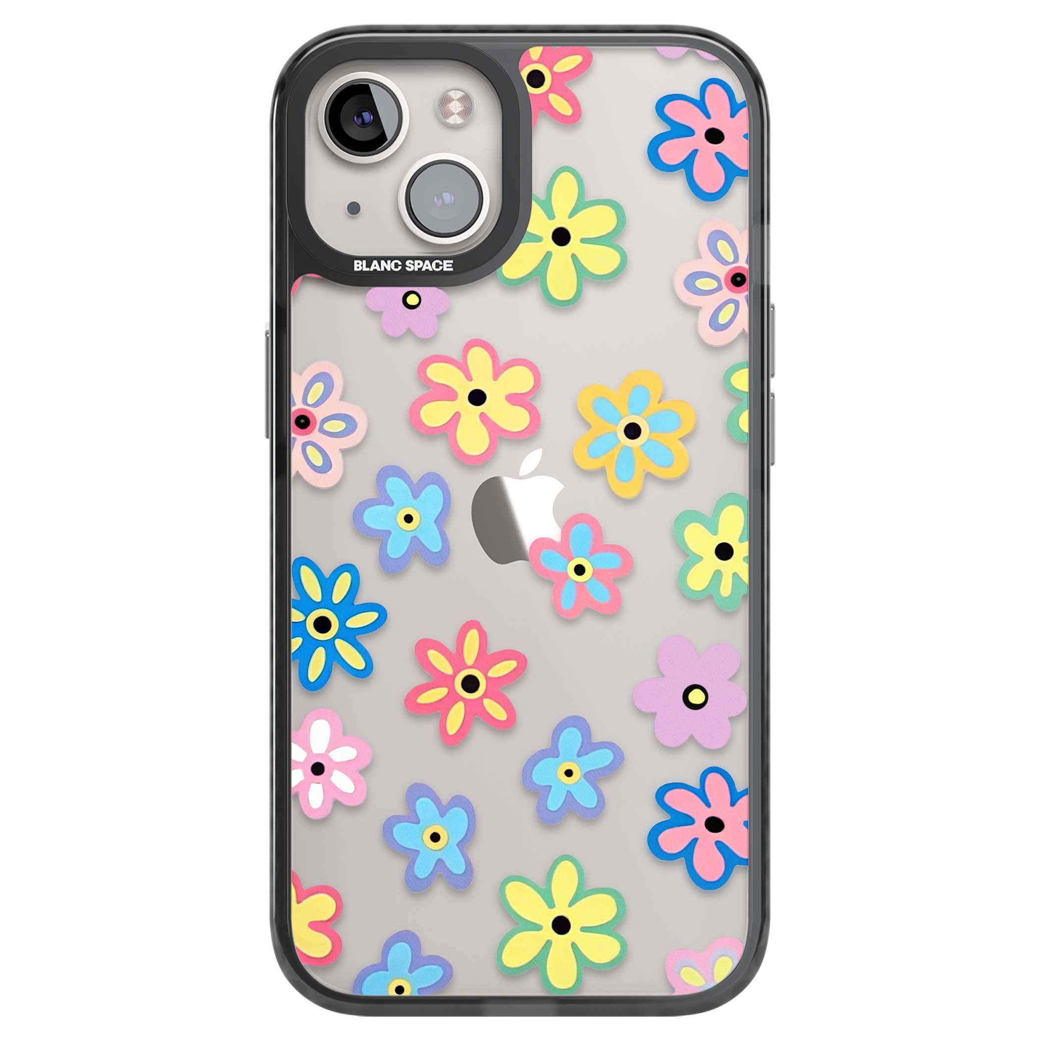 Bloom Pop cottagecore iPhone case featuring multicolor pastel flowers with black centers on clear background | Black Impact case for iPhone 13, iPhone 14, iPhone 15