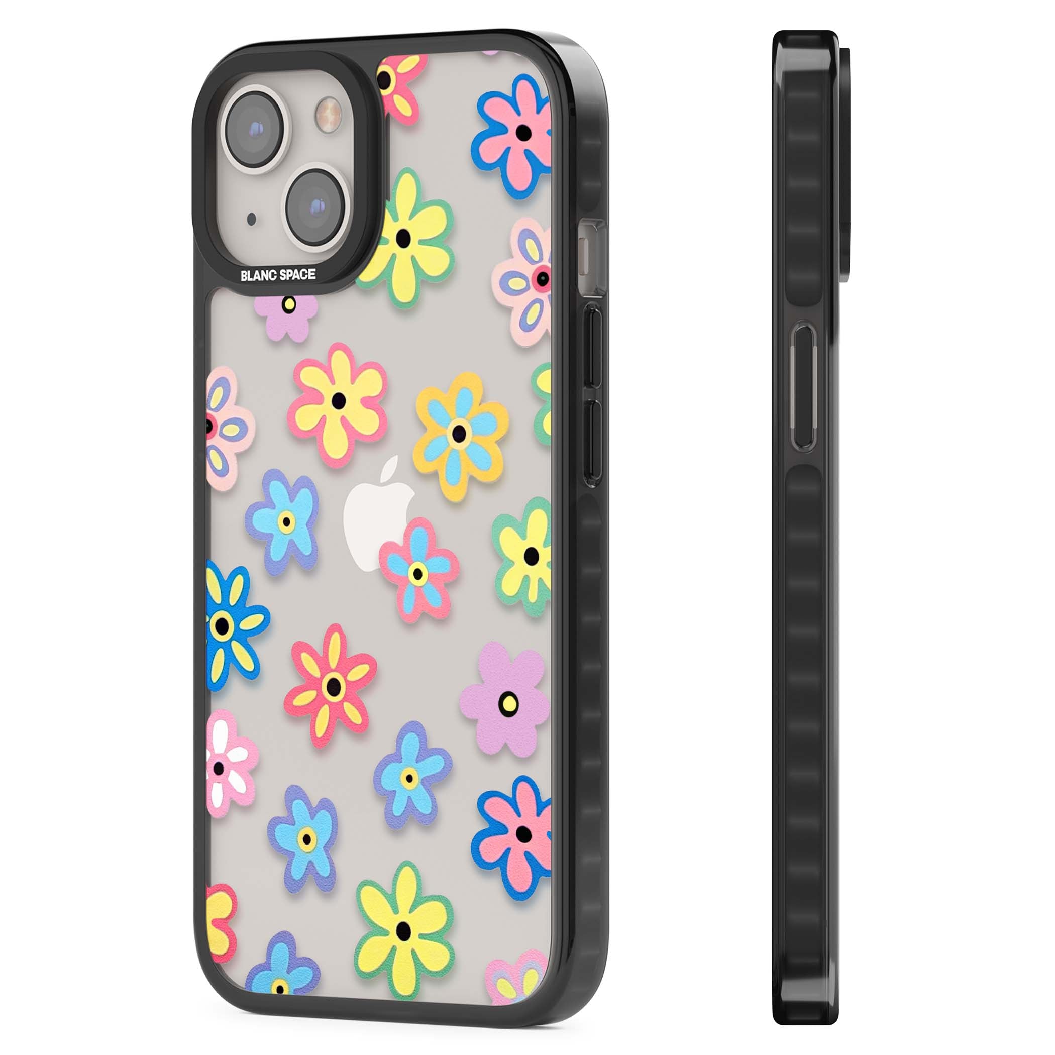 Bloom Pop cottagecore iPhone case featuring multicolor pastel flowers with black centers on clear background | Black Impact case for iPhone 13, iPhone 14, iPhone 15