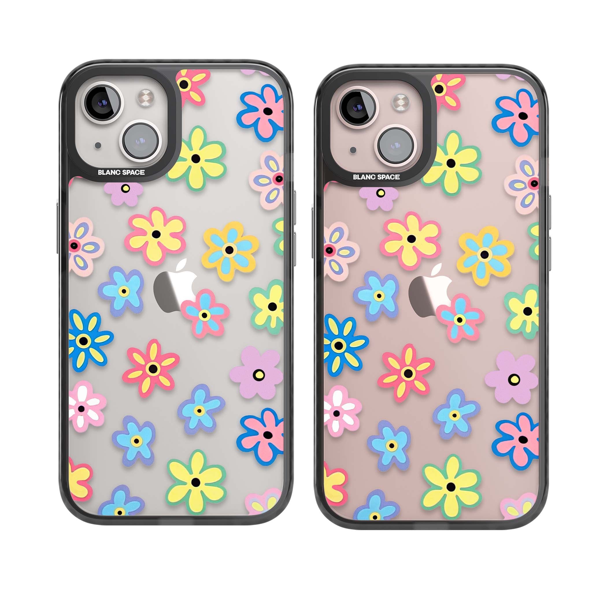 Bloom Pop cottagecore iPhone case featuring multicolor pastel flowers with black centers on clear background | Black Impact case for iPhone 13, iPhone 14, iPhone 15