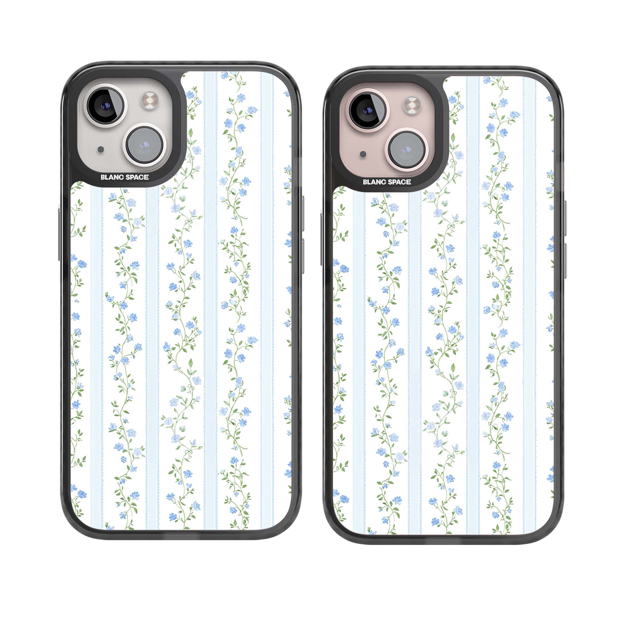 Bluebell Vine cottagecore iPhone case featuring climbing blue roses, trailing green vines, and pale ticking stripes | Black Impact case for iPhone 13, iPhone 14, iPhone 15