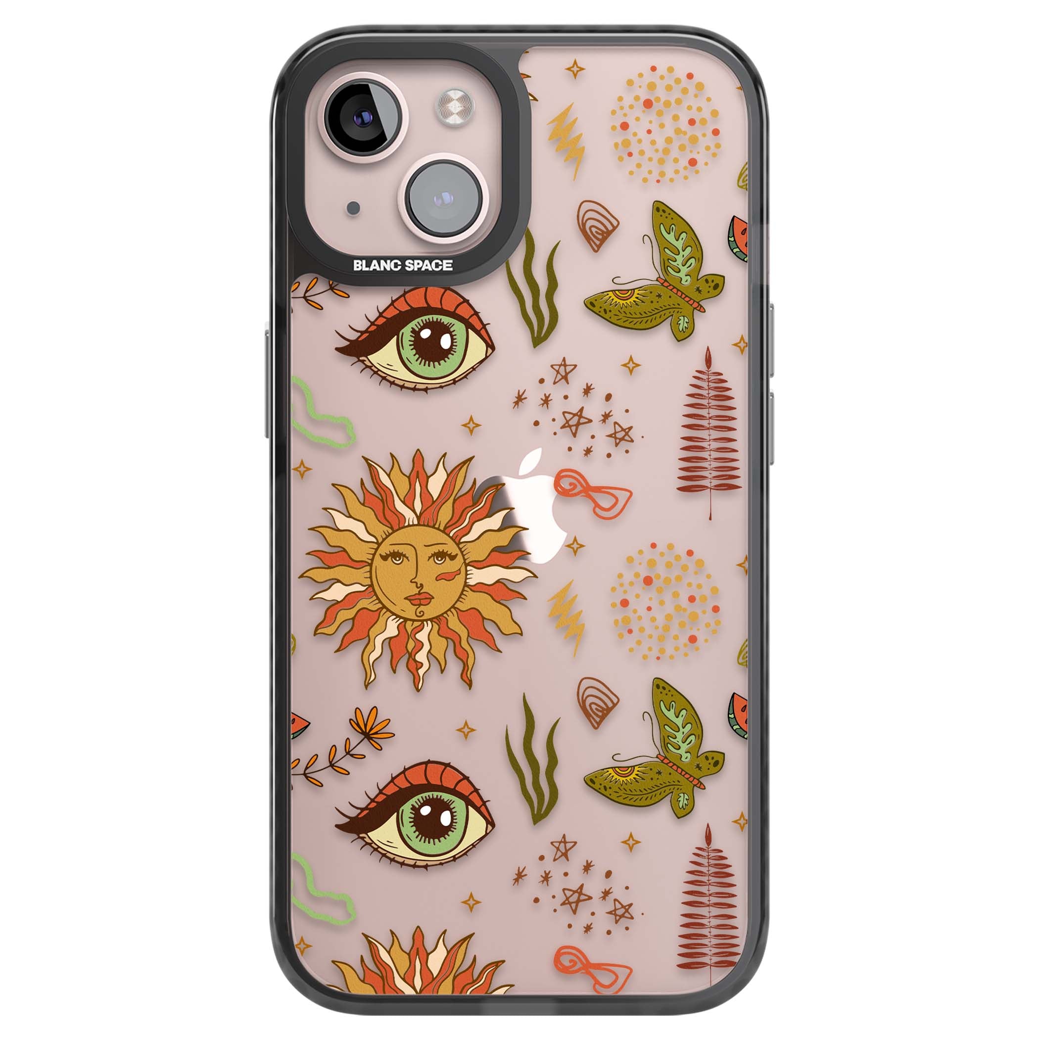 Elevate Your Phone'S Style With This Boho Celestial Sun & Eye Phone Case, Featuring A Mystical Blend Of Suns, All-Seeing Eyes, Butterflies, Stars, And