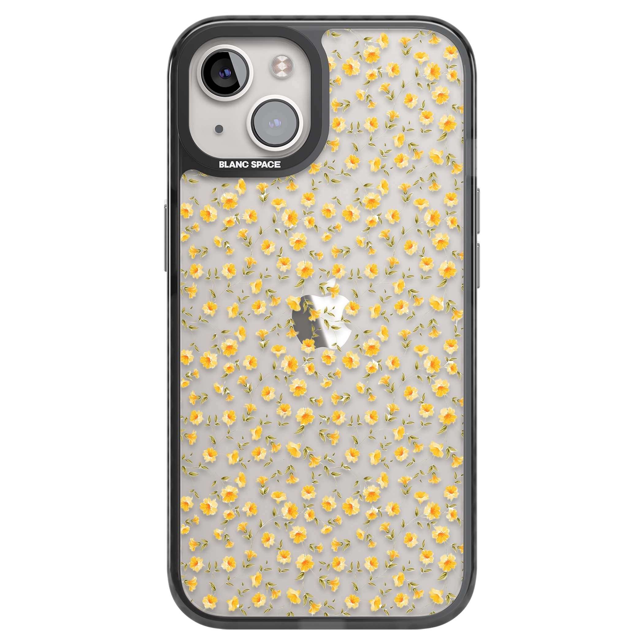Buttercup wildflower iPhone case featuring tiny yellow flowers and trailing green vines on clear | Black Impact case for iPhone 13, iPhone 14, iPhone 15