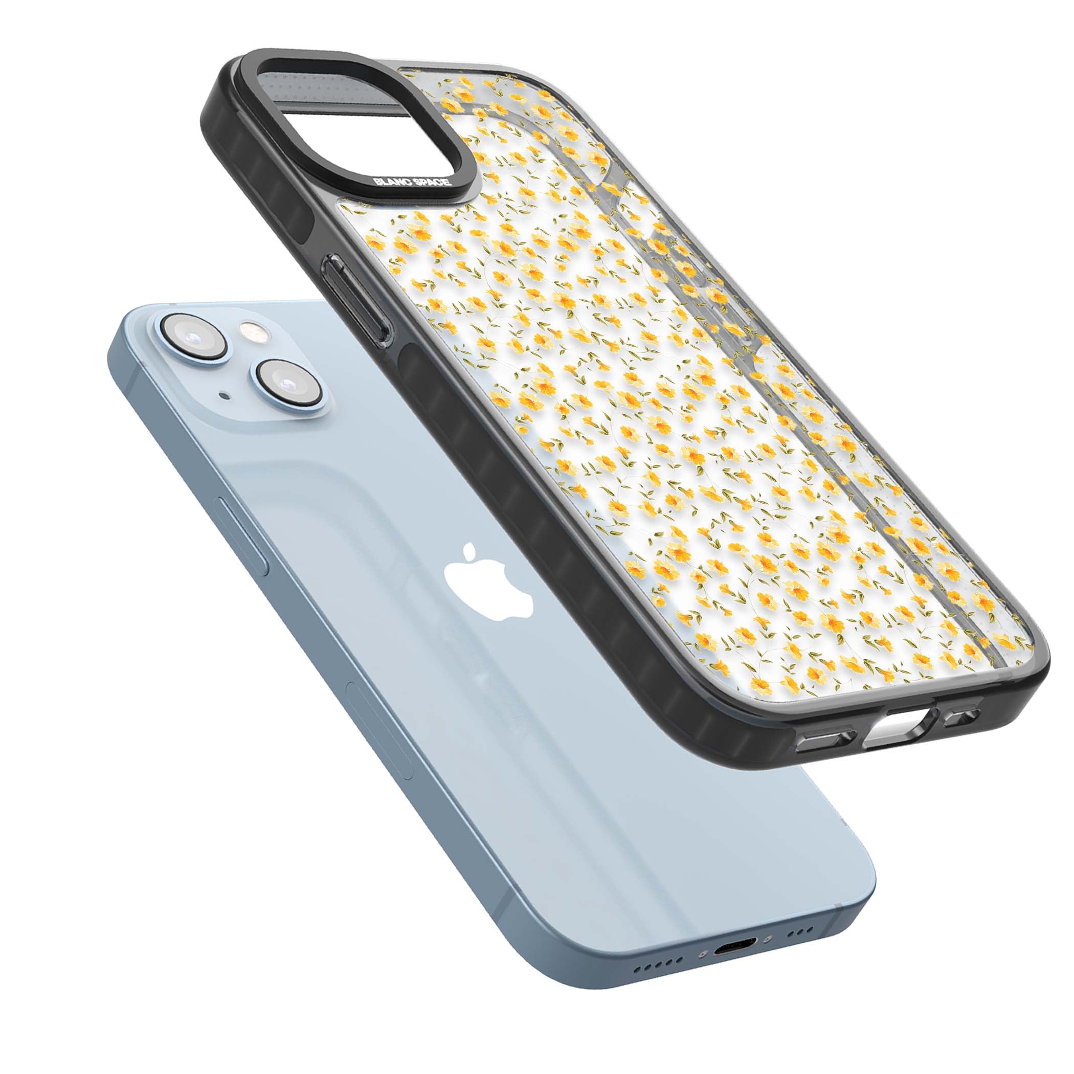 Buttercup wildflower iPhone case featuring tiny yellow flowers and trailing green vines on clear | Black Impact case for iPhone 13, iPhone 14, iPhone 15