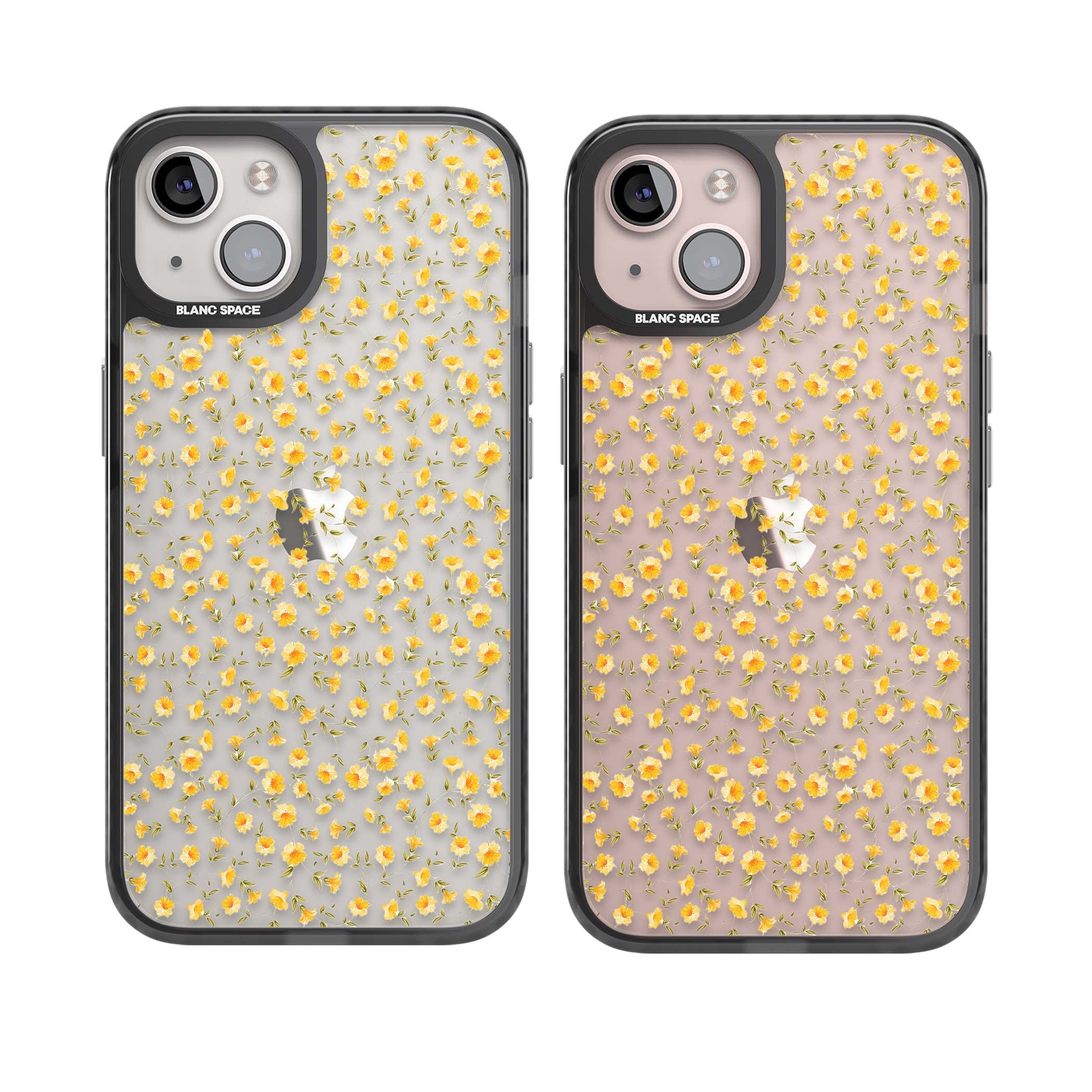 Buttercup wildflower iPhone case featuring tiny yellow flowers and trailing green vines on clear | Black Impact case for iPhone 13, iPhone 14, iPhone 15