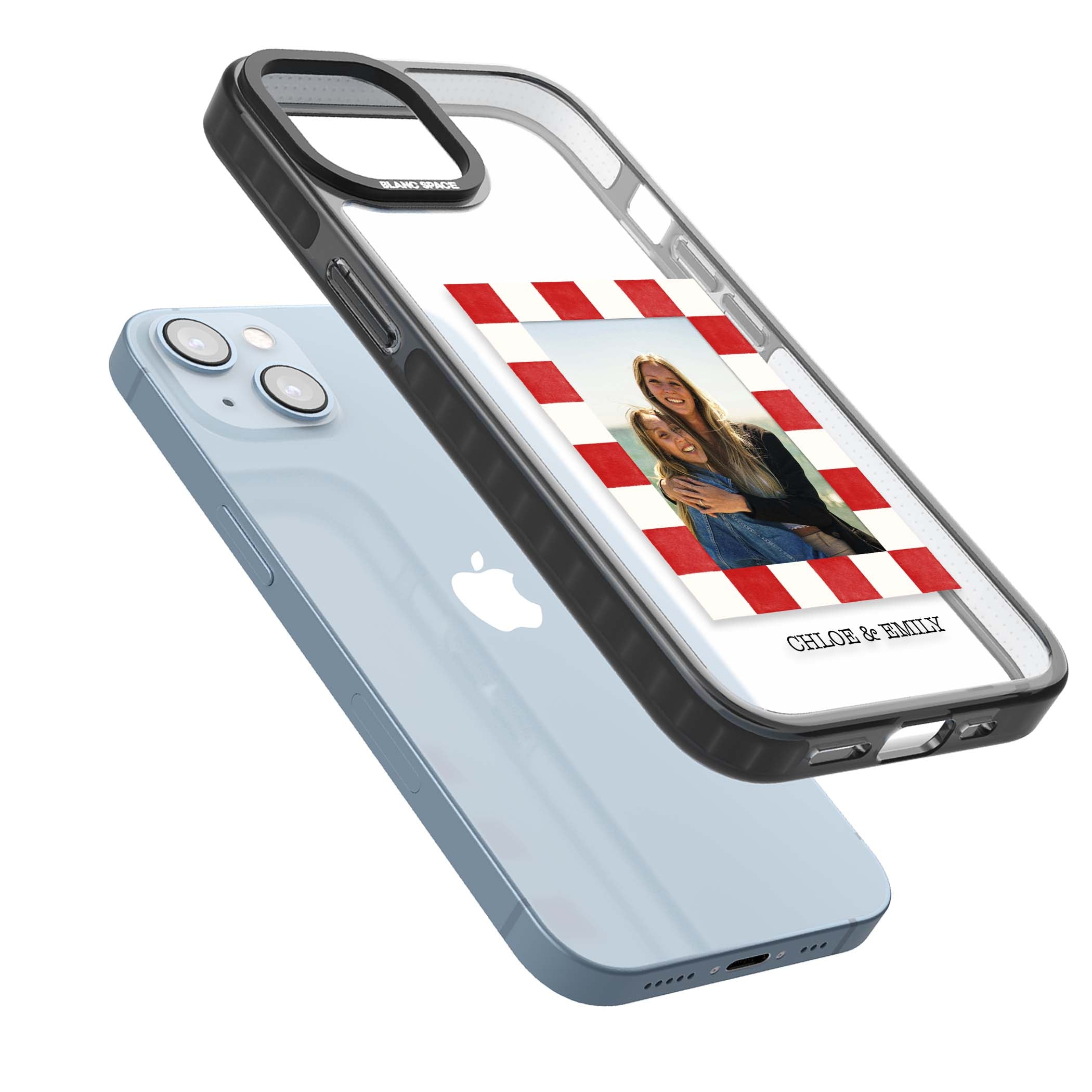 Red Check Photo personalised photo iPhone case with red and white checkered polaroid frame and custom couple name | Black Impact case for iPhone 13, iPhone 14, iPhone 15