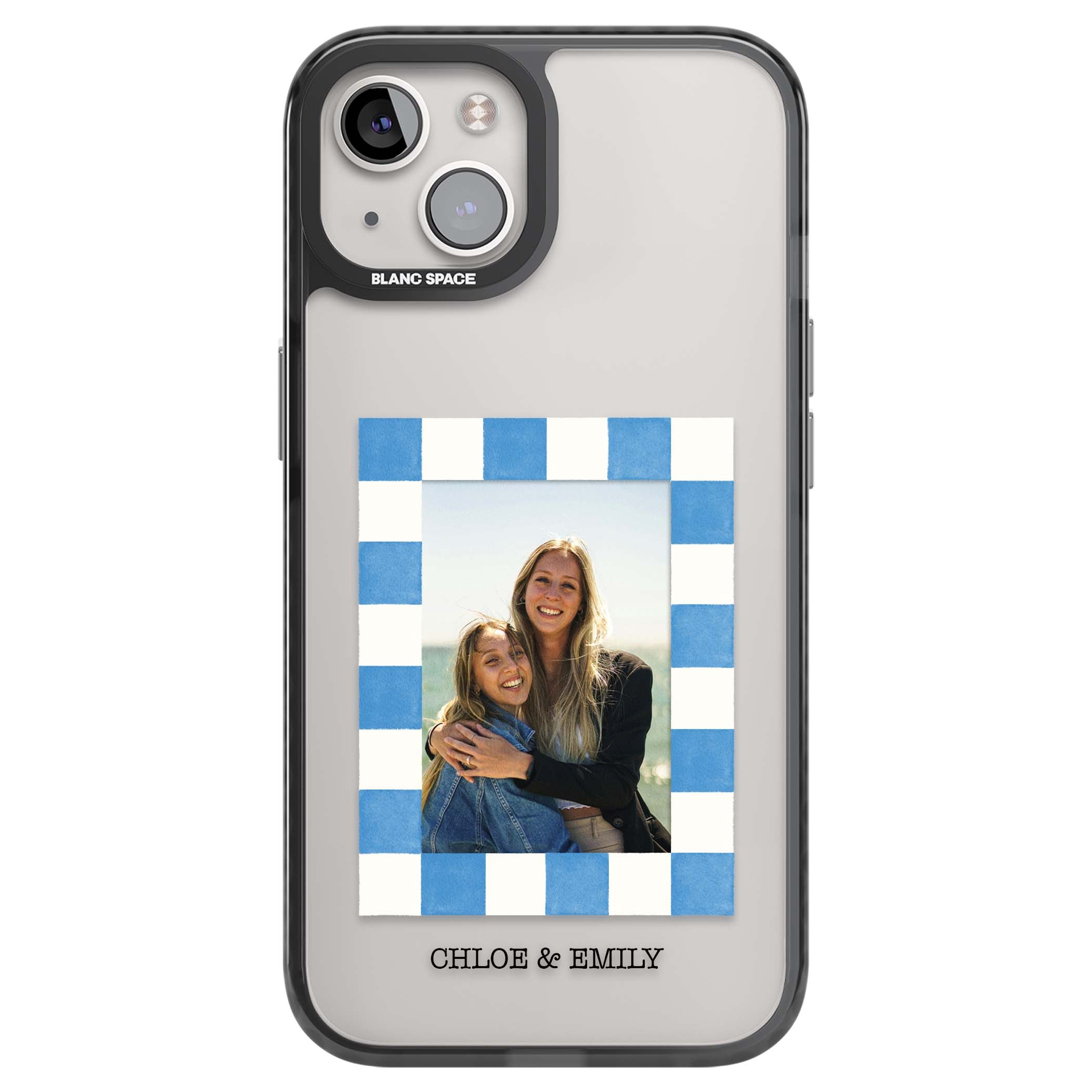 Blue Check Photo personalised photo iPhone case with blue checkered frame and custom couple names | Black Impact case for iPhone 13, iPhone 14, iPhone 15