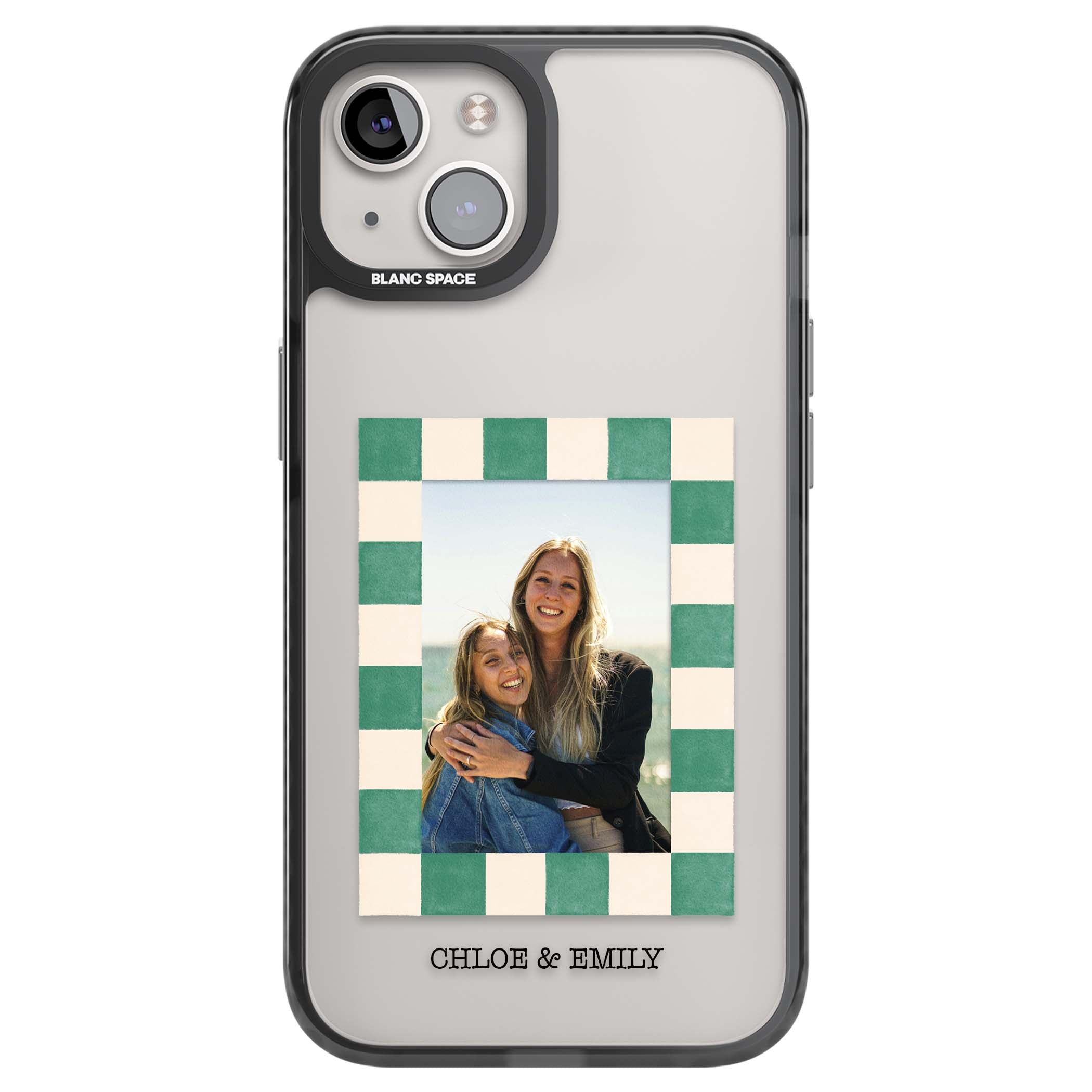 Seafoam Check Photo personalised iPhone case featuring a custom polaroid photo, green and cream checkered frame, and custom n | Black Impact case for iPhone 13, iPhone 14, iPhone 15