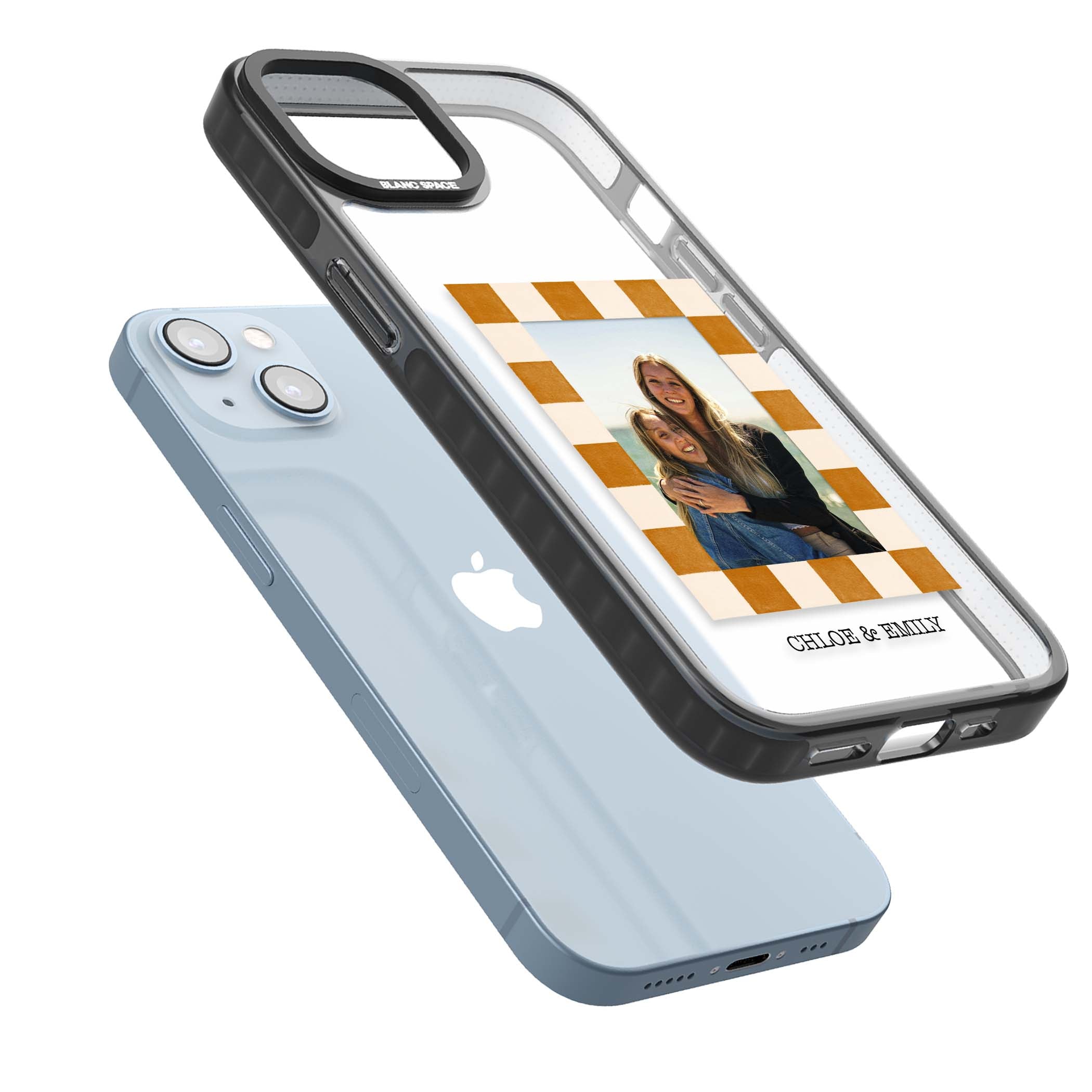 Citrus Check Photo personalised iPhone case with custom photo, orange checkered frame and names underneath | Black Impact case for iPhone 13, iPhone 14, iPhone 15