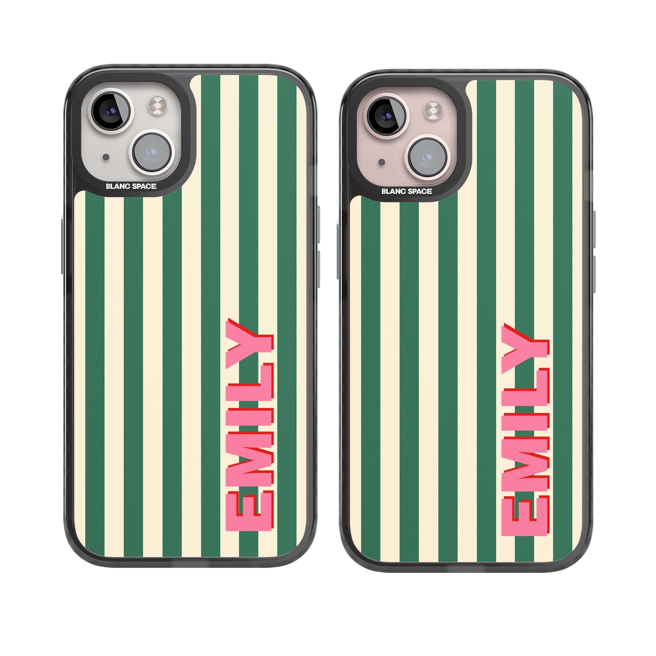 Wimbledon Stripe preppy iPhone case featuring green and cream vertical stripes with a personalised pink name | Black Impact case for iPhone 13, iPhone 14, iPhone 15