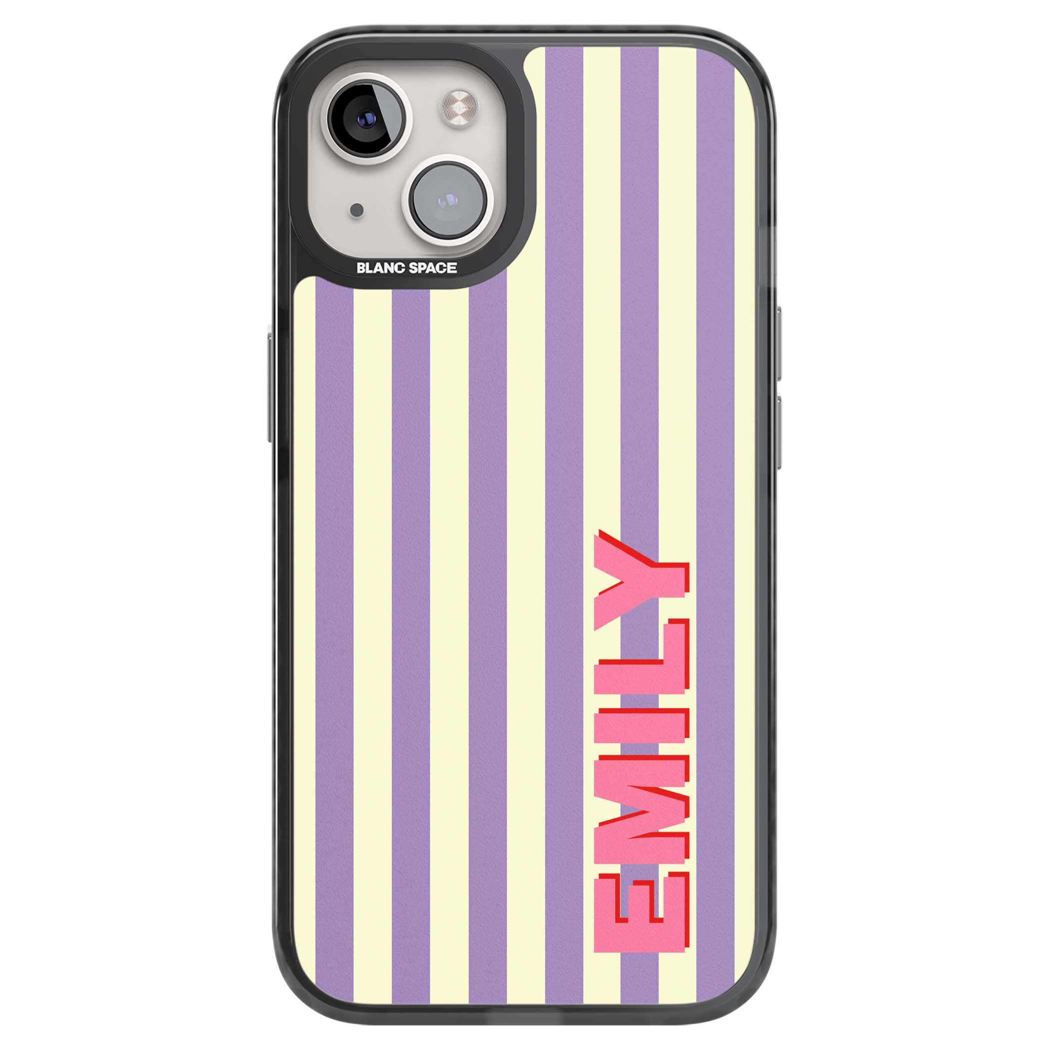 Valensole Stripe personalised iPhone case with purple and cream vertical stripes and pink custom name | Black Impact case for iPhone 13, iPhone 14, iPhone 15