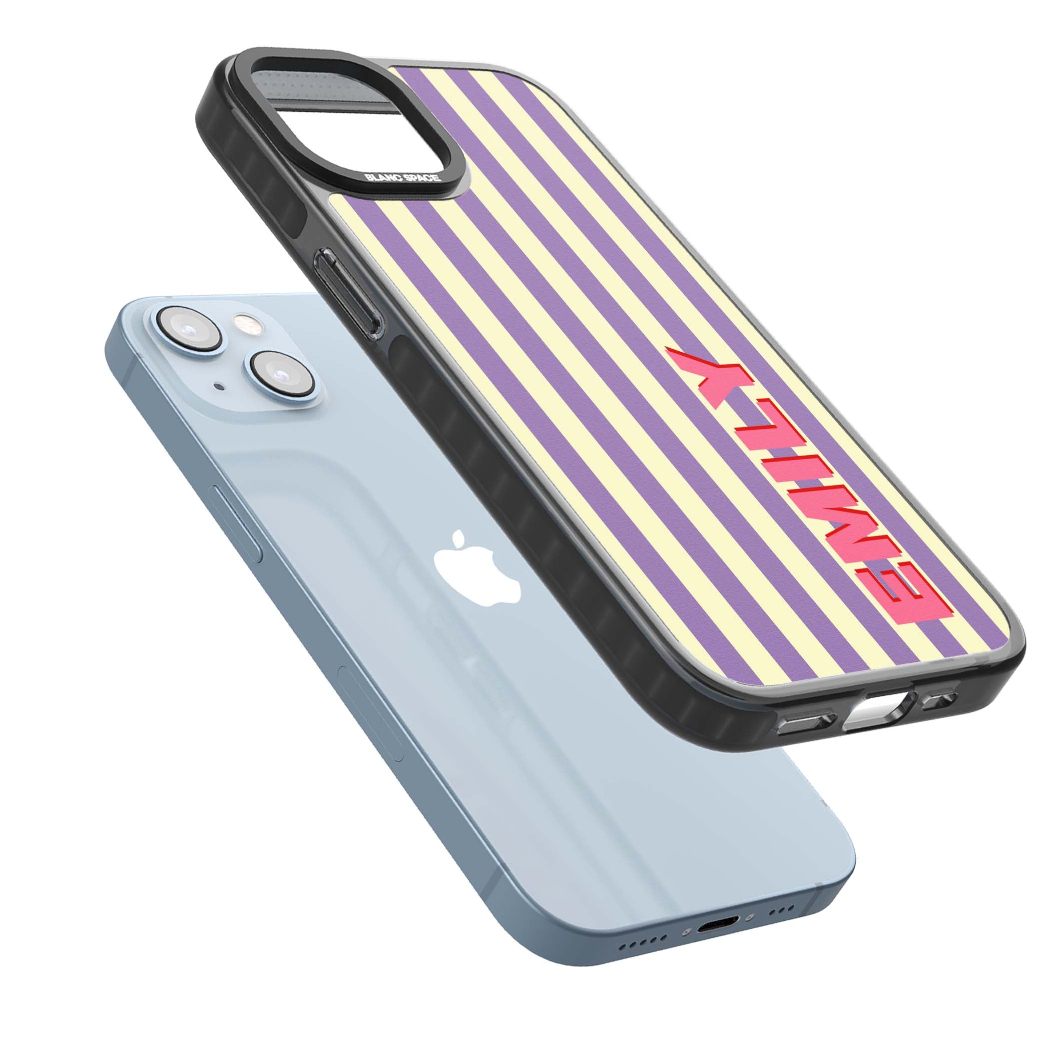 Valensole Stripe personalised iPhone case with purple and cream vertical stripes and pink custom name | Black Impact case for iPhone 13, iPhone 14, iPhone 15