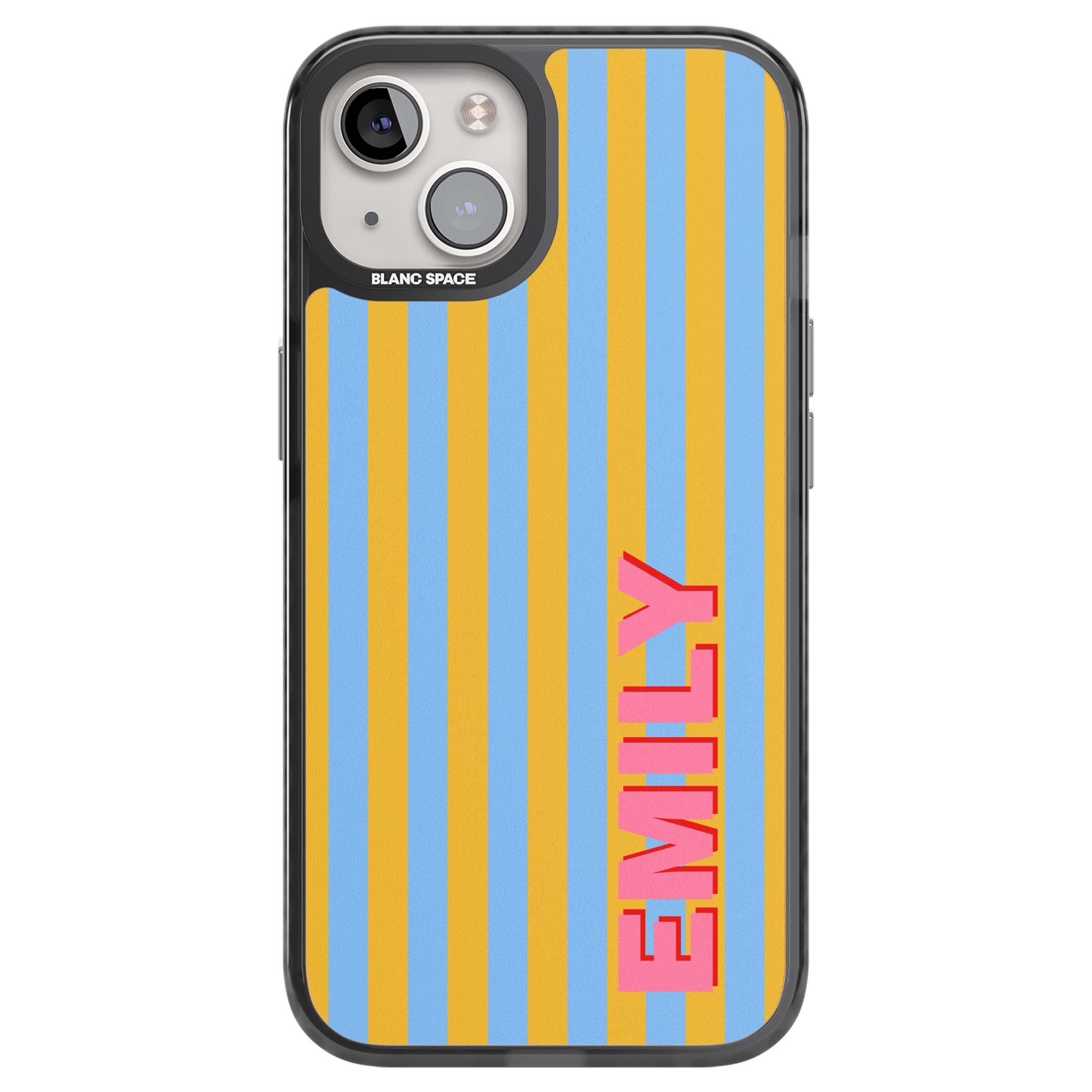 Carribean Stripe personalised coastal iPhone case with yellow and blue vertical stripes and a custom pink name | Black Impact case for iPhone 13, iPhone 14, iPhone 15