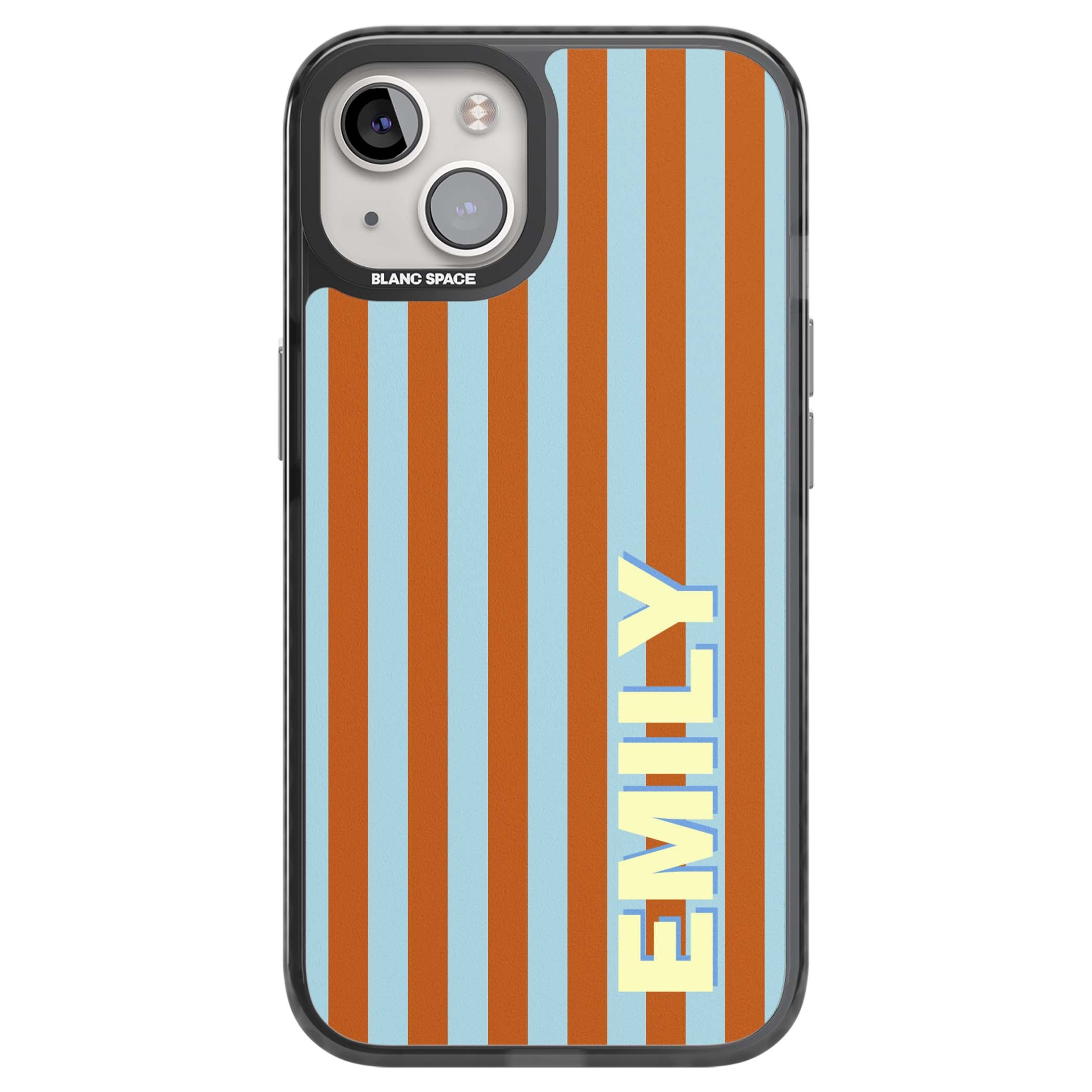 Cappadocia Stripe personalised coastal iPhone case featuring blue and orange vertical stripes with custom cream name | Black Impact case for iPhone 13, iPhone 14, iPhone 15