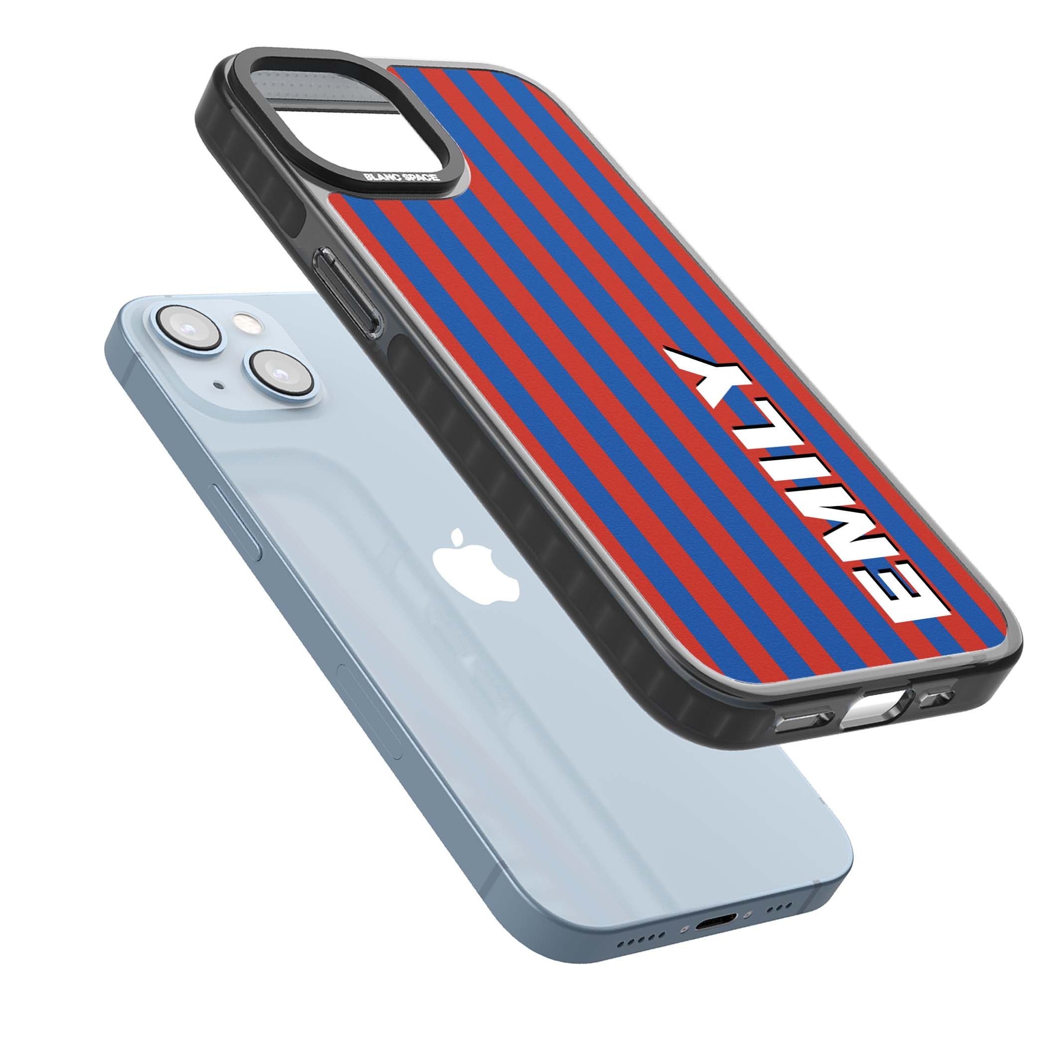 Cuban Stripe personalised iPhone case featuring red and blue vertical stripes with custom name in bold white letters | Black Impact case for iPhone 13, iPhone 14, iPhone 15