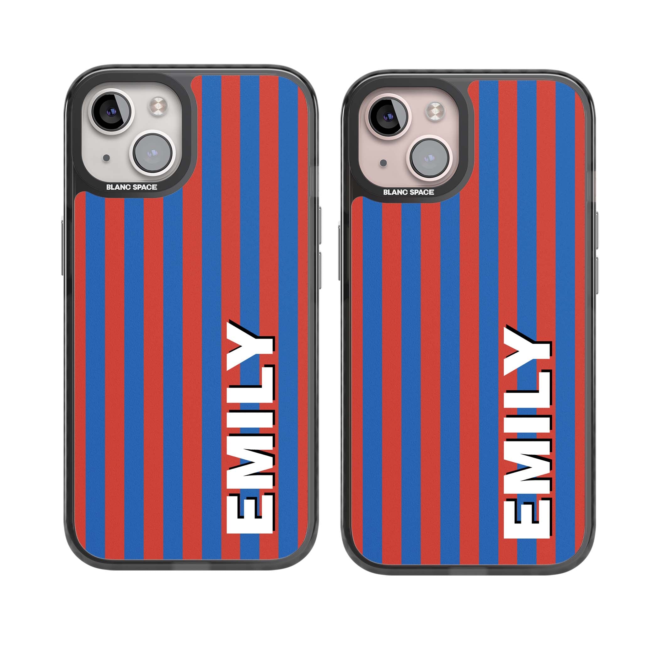 Cuban Stripe personalised iPhone case featuring red and blue vertical stripes with custom name in bold white letters | Black Impact case for iPhone 13, iPhone 14, iPhone 15