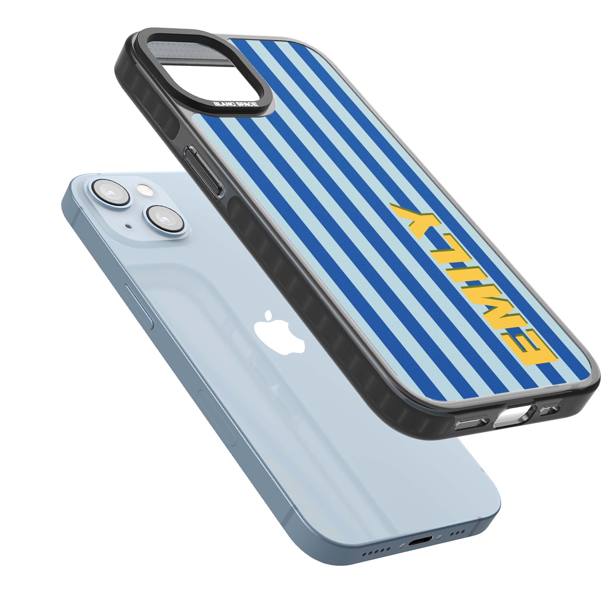 Athenian Stripe personalised preppy iPhone case featuring blue vertical stripes and a custom yellow name | Black Impact case for iPhone 13, iPhone 14, iPhone 15