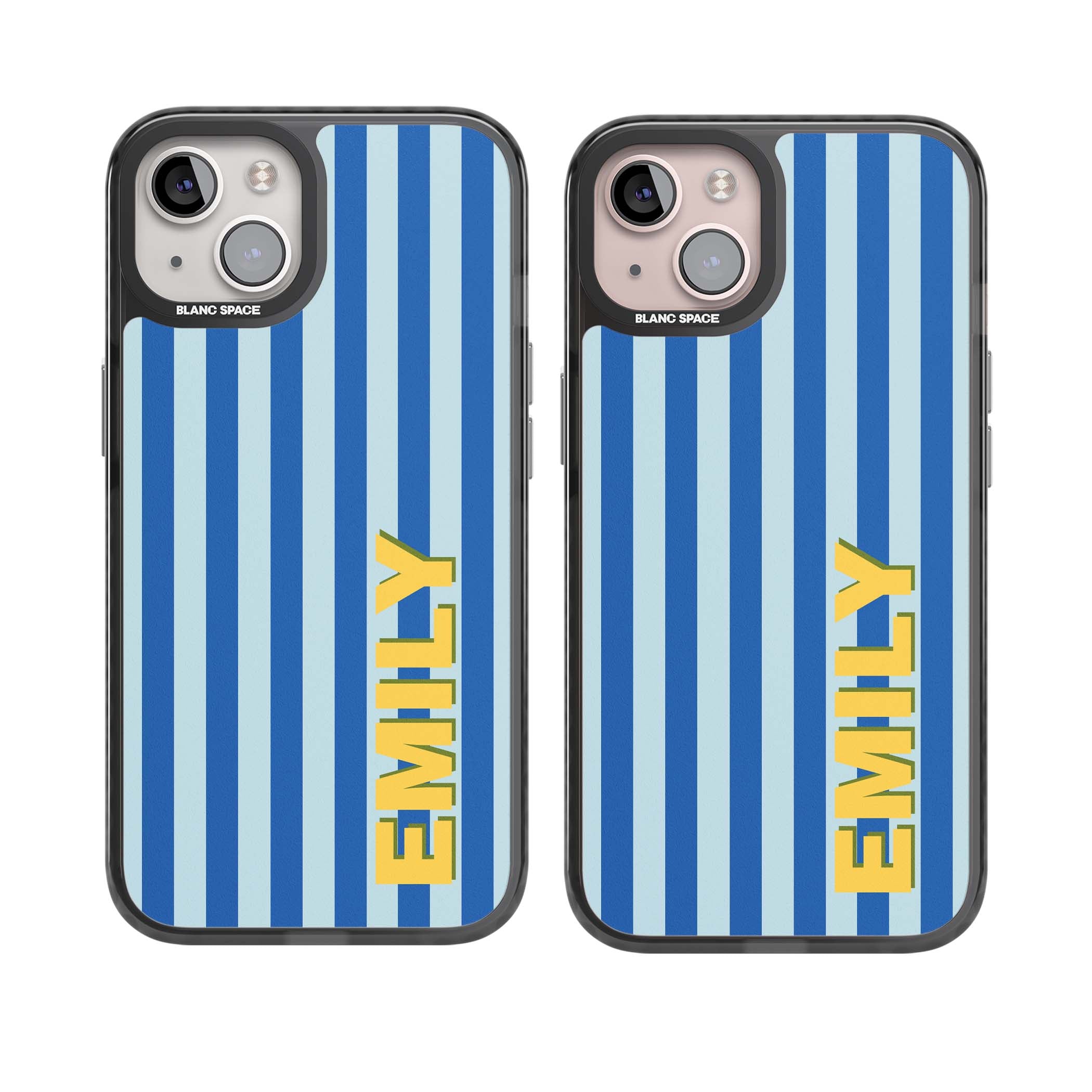 Athenian Stripe personalised preppy iPhone case featuring blue vertical stripes and a custom yellow name | Black Impact case for iPhone 13, iPhone 14, iPhone 15