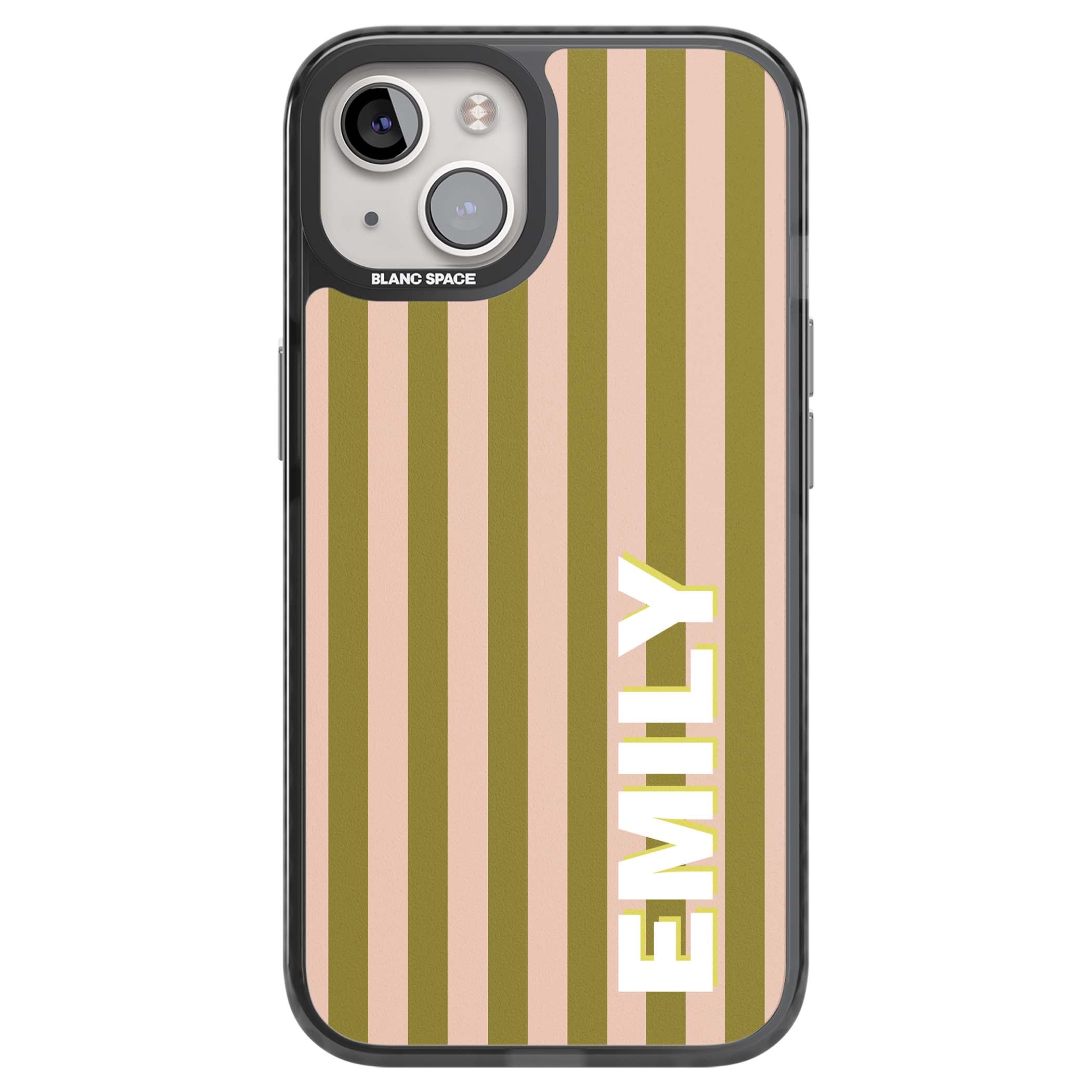 Indian Stripe personalised iPhone case featuring olive green and blush pink vertical stripes with custom name in whit | Black Impact case for iPhone 13, iPhone 14, iPhone 15