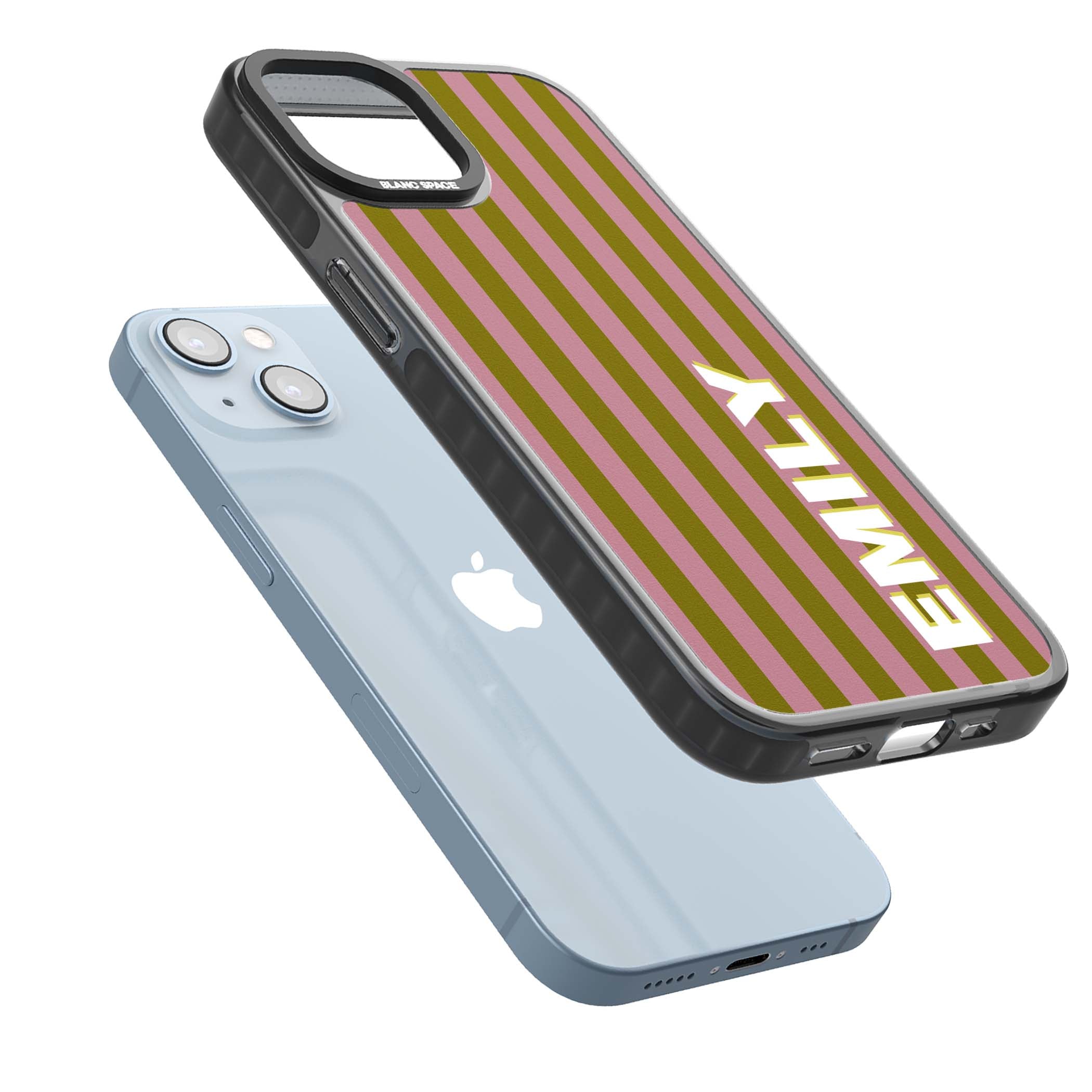 Istanbul Stripe personalised iPhone case featuring pink and olive green vertical stripes with a custom vertical name | Black Impact case for iPhone 13, iPhone 14, iPhone 15