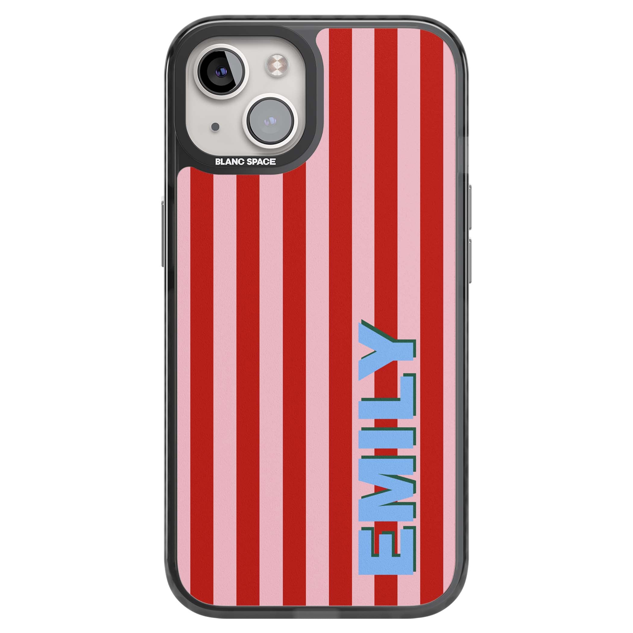 Market Stripe personalised iPhone case with red and pink vertical stripes and custom blue name | Black Impact case for iPhone 13, iPhone 14, iPhone 15