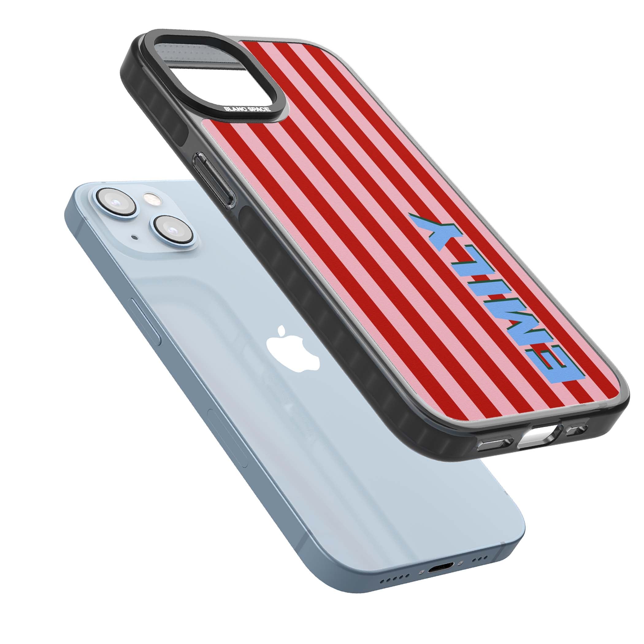 Market Stripe personalised iPhone case with red and pink vertical stripes and custom blue name | Black Impact case for iPhone 13, iPhone 14, iPhone 15