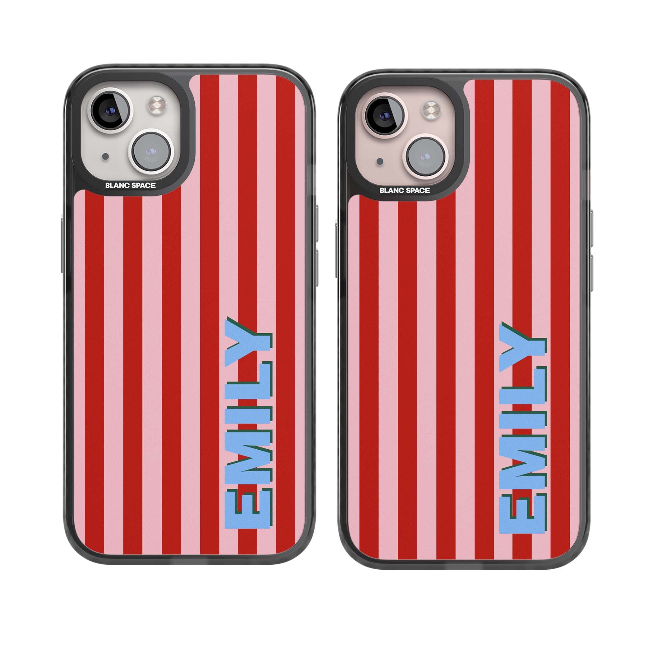 Market Stripe personalised iPhone case with red and pink vertical stripes and custom blue name | Black Impact case for iPhone 13, iPhone 14, iPhone 15