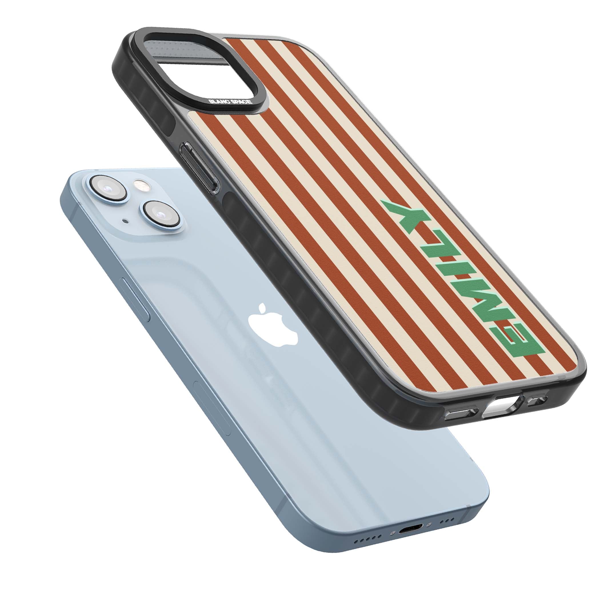 Dune Stripe personalised iPhone case with rust and cream vertical stripes and custom name in mint green | Black Impact case for iPhone 13, iPhone 14, iPhone 15