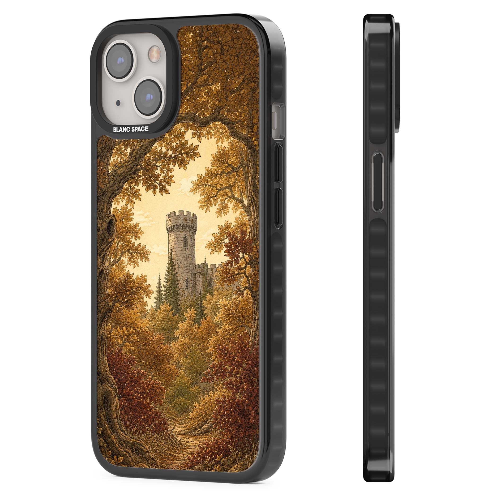 Autumn Keep cottagecore iPhone case featuring a medieval castle tower framed by golden autumn trees and woodland foliage | Black Impact case for iPhone 13, iPhone 14, iPhone 15