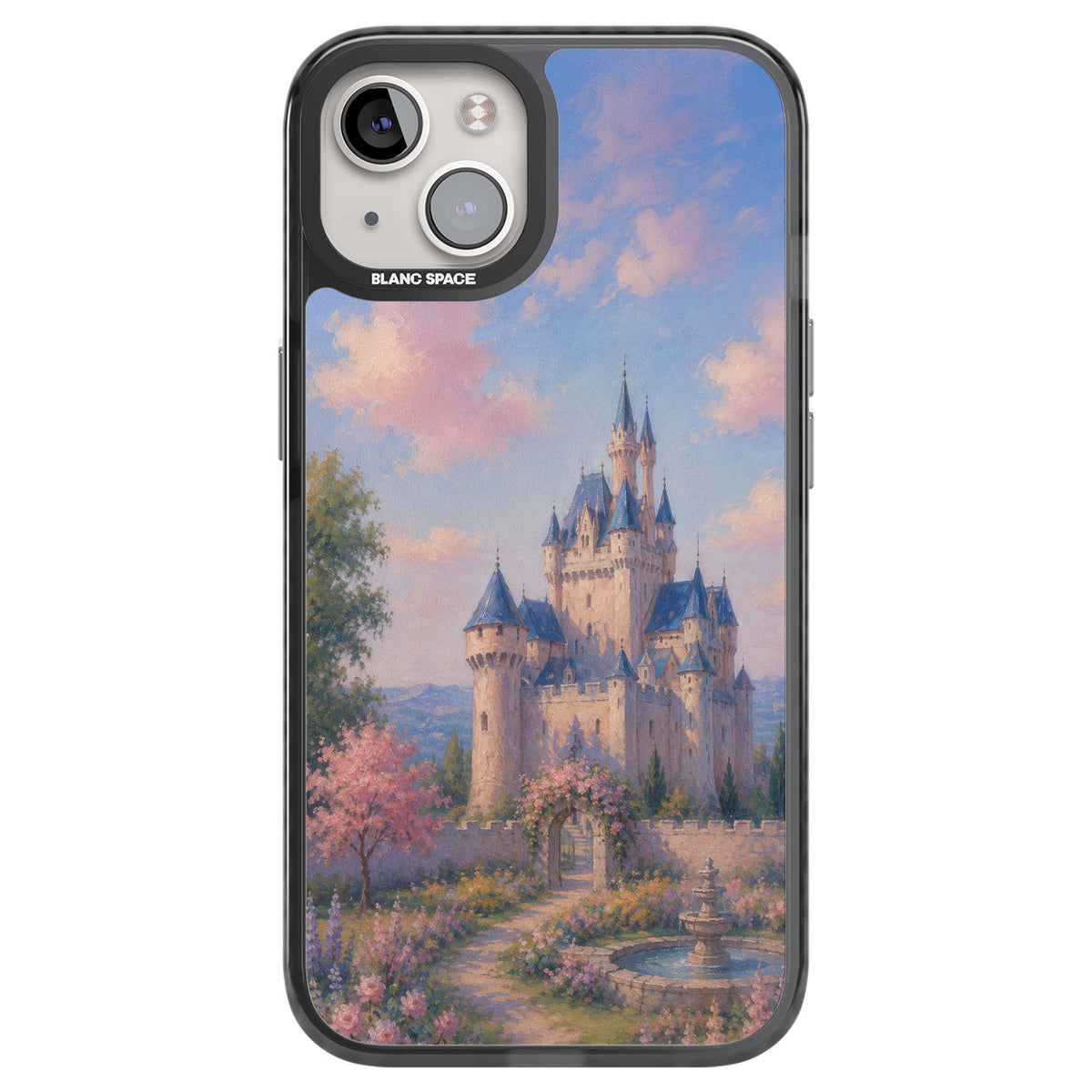 Enchanted Kingdom fairytale iPhone case featuring a romantic castle painting with cherry blossoms and pastel pink sky | Black Impact case for iPhone 13, iPhone 14, iPhone 15