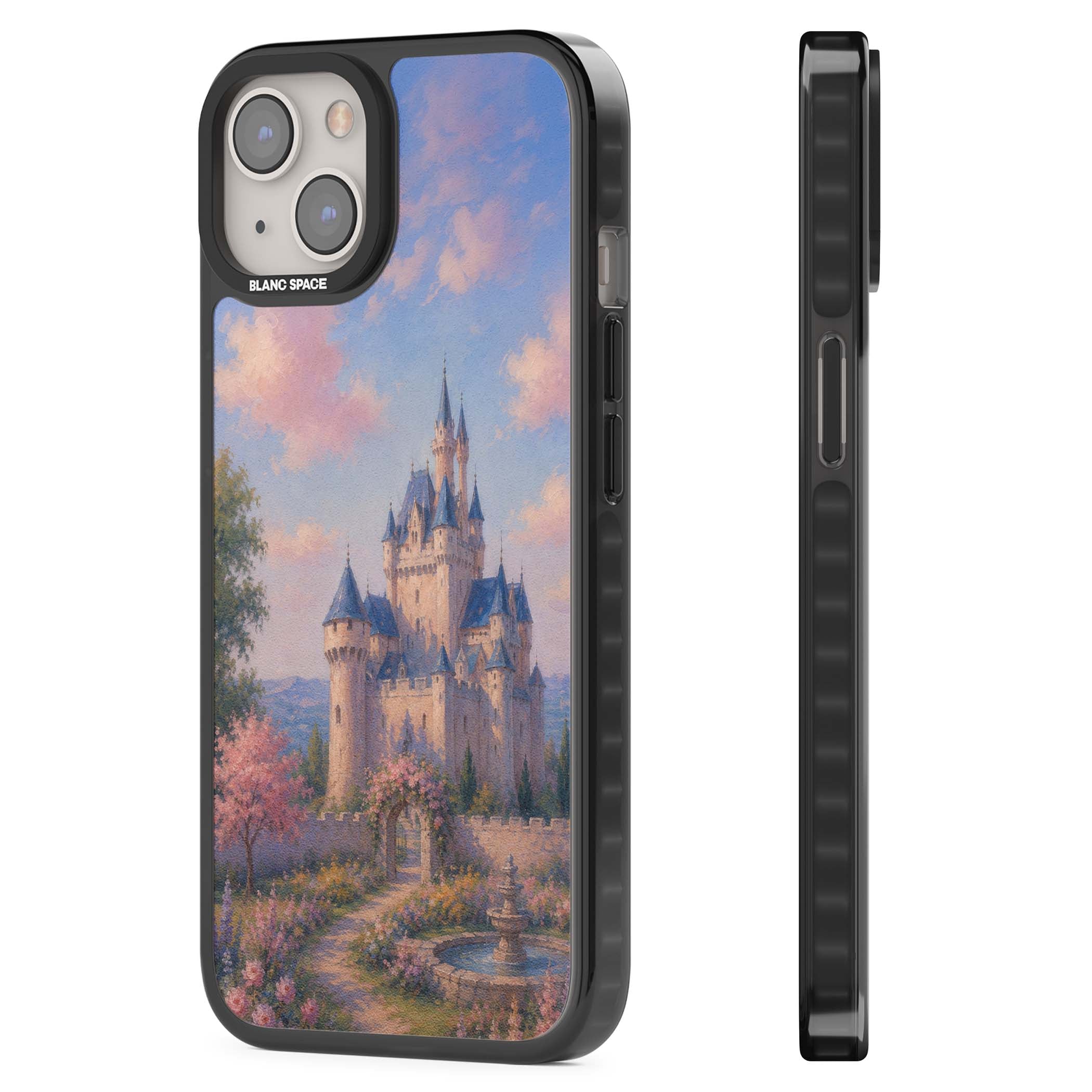 Enchanted Kingdom fairytale iPhone case featuring a romantic castle painting with cherry blossoms and pastel pink sky | Black Impact case for iPhone 13, iPhone 14, iPhone 15