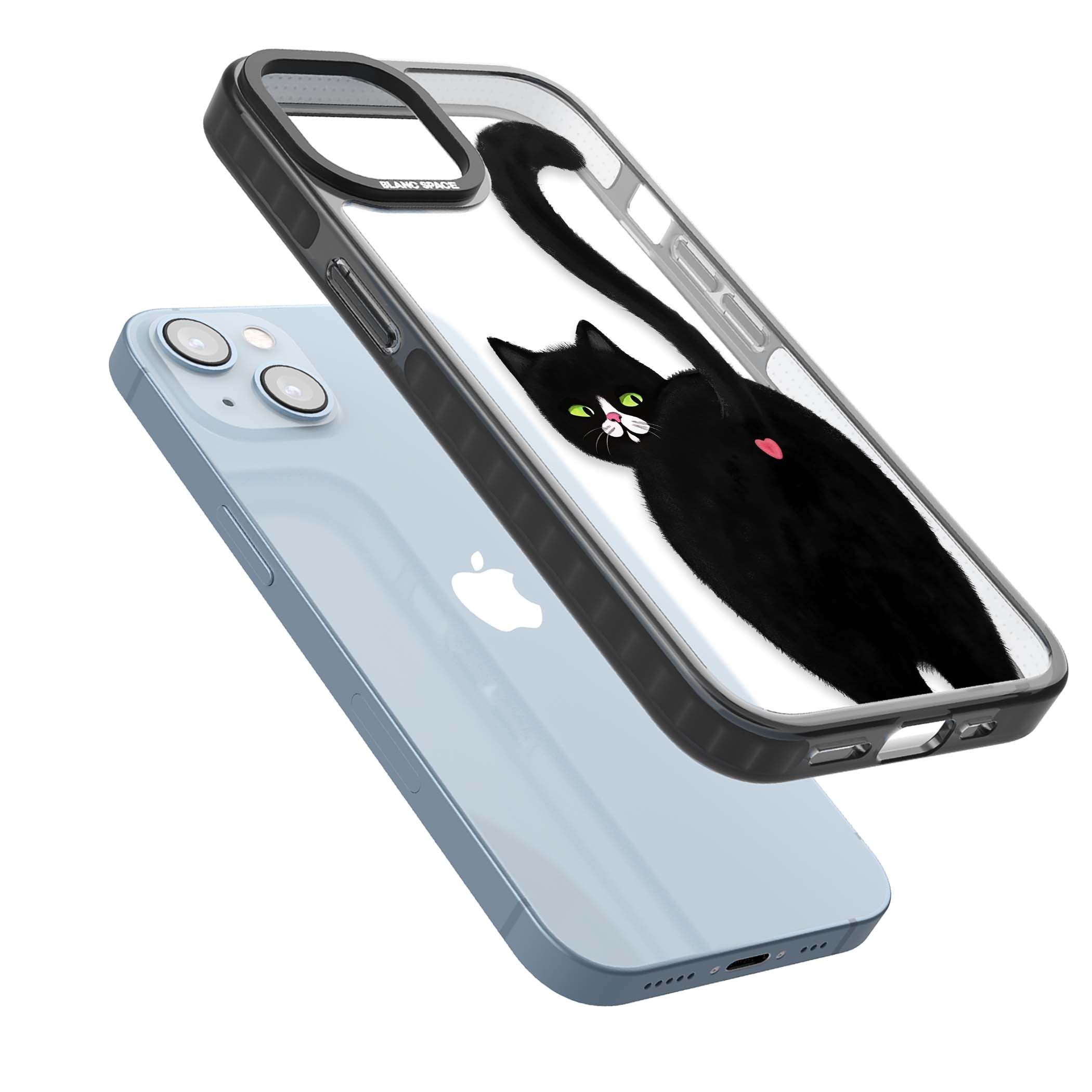 The Cat's Kiss cute cat iPhone case featuring a hand-painted tuxedo kitty with green eyes and a pink heart on a clear | Black Impact case for iPhone 13, iPhone 14, iPhone 15