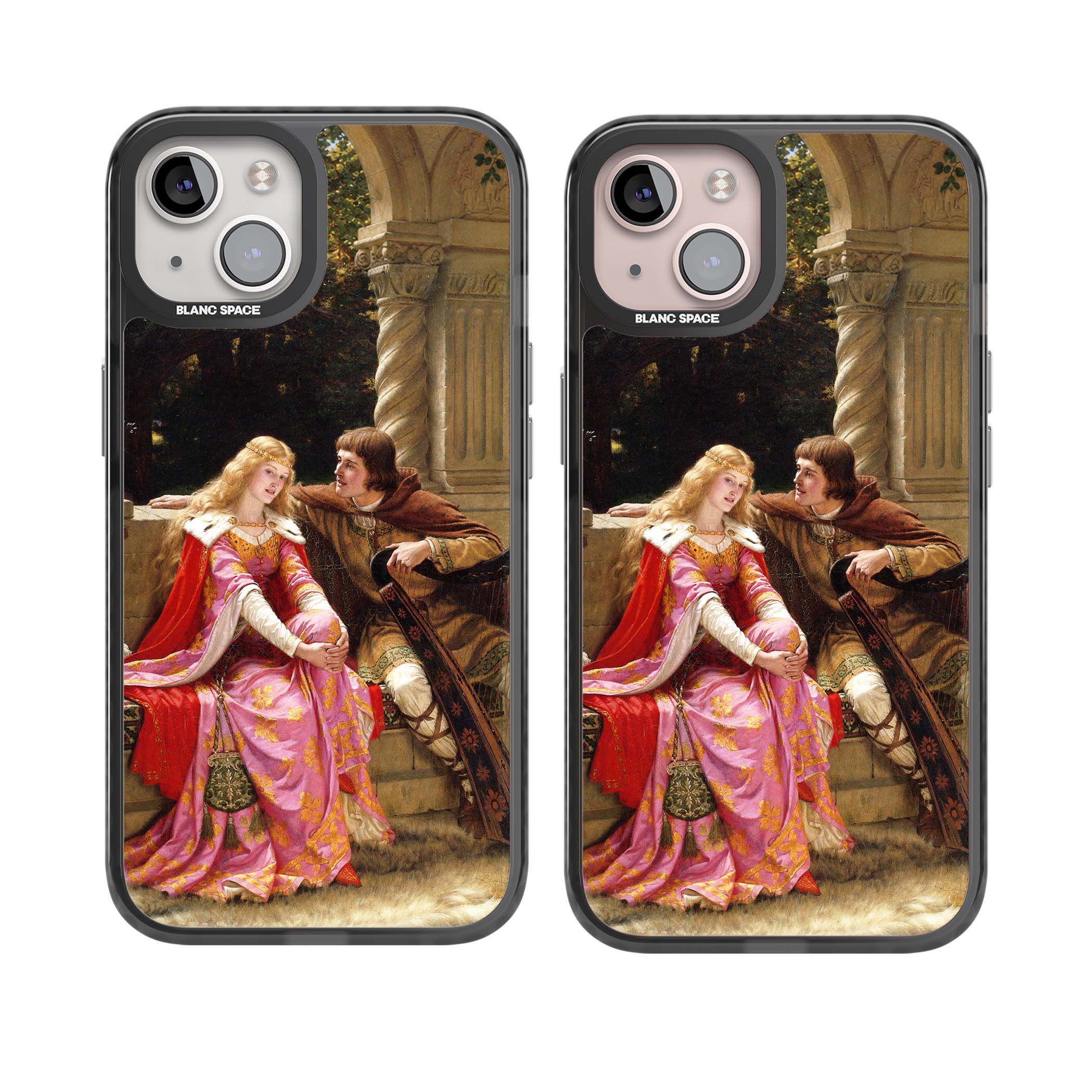 The End of the Song classic art iPhone case featuring a medieval lady in pink gown and her knight in a stone archway | Black Impact case for iPhone 13, iPhone 14, iPhone 15
