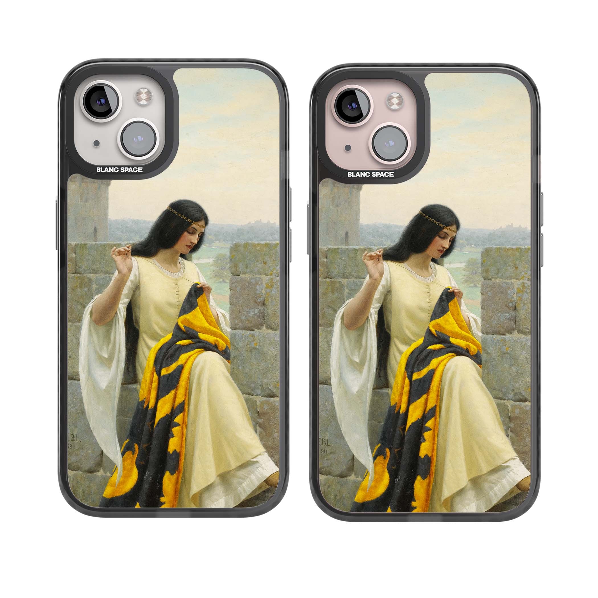 Stitching the Standard renaissance art iPhone case featuring a medieval lady sewing a golden banner on a castle wall | Black Impact case for iPhone 13, iPhone 14, iPhone 15