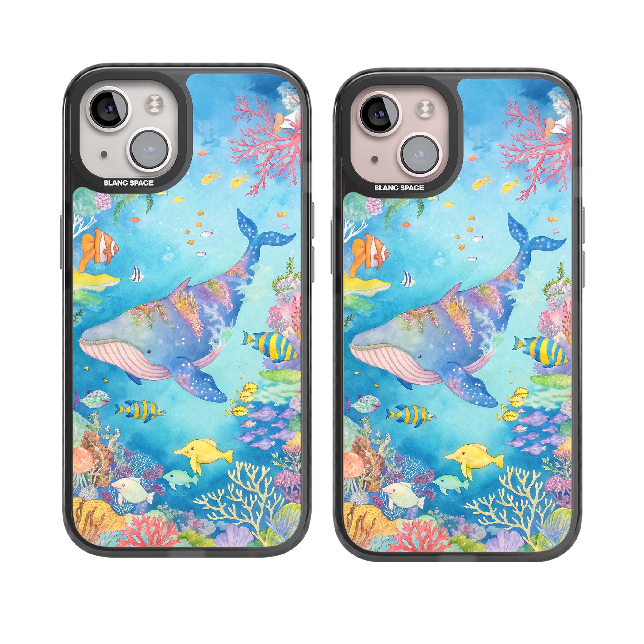 Coral Lagoon ocean iPhone case featuring a watercolour whale, coral reef and tropical fish | Black Impact case for iPhone 13, iPhone 14, iPhone 15