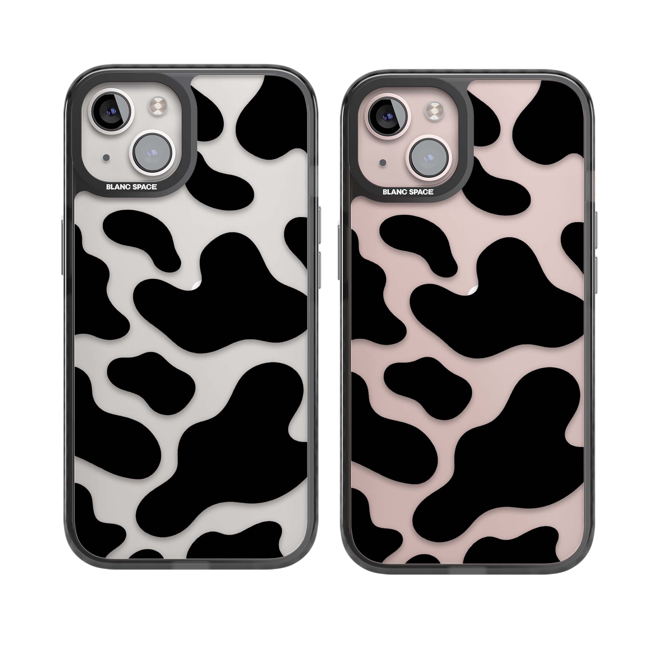 Clear Cow Print cow print iPhone case featuring black and white cow pattern splotches on a clear background | Black Impact case for iPhone 13, iPhone 14, iPhone 15