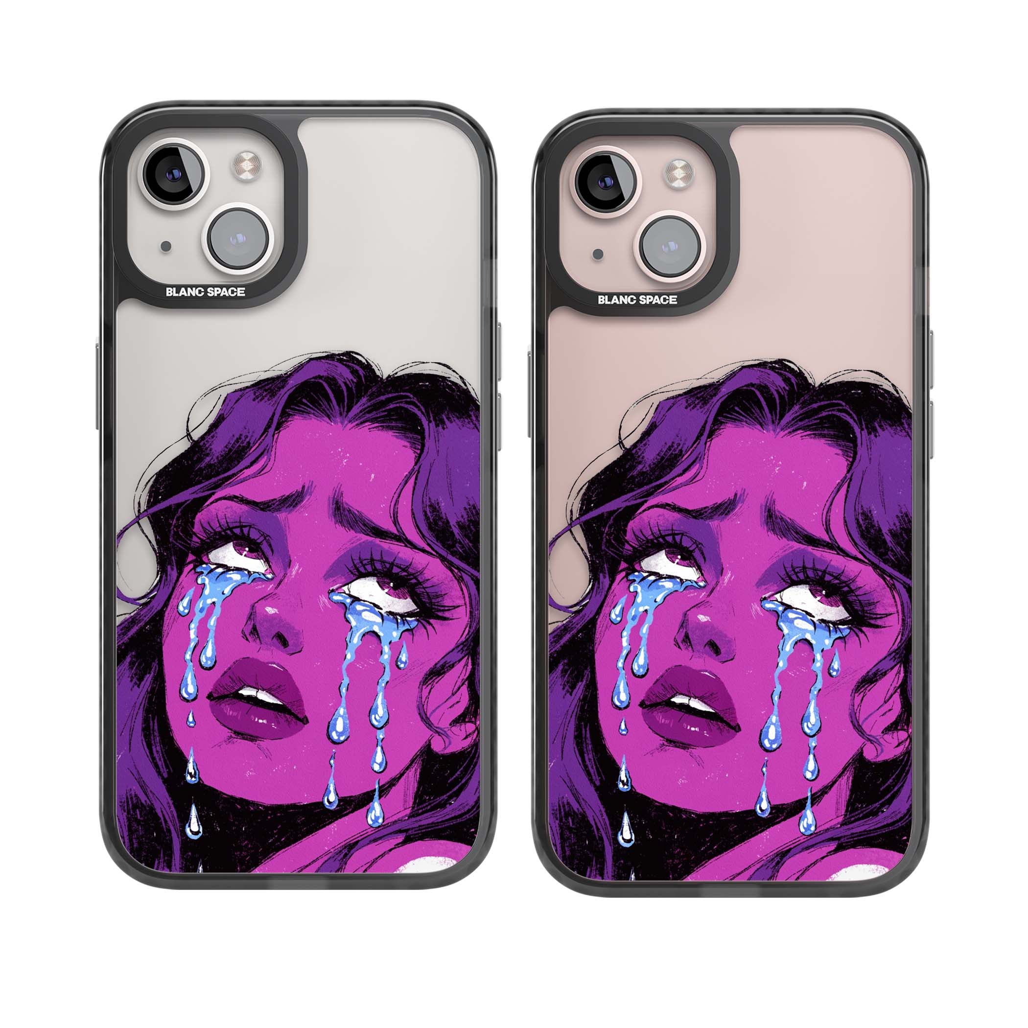 Drama Queen pop art iPhone case featuring a purple crying comic girl with blue tears | Black Impact case for iPhone 13, iPhone 14, iPhone 15