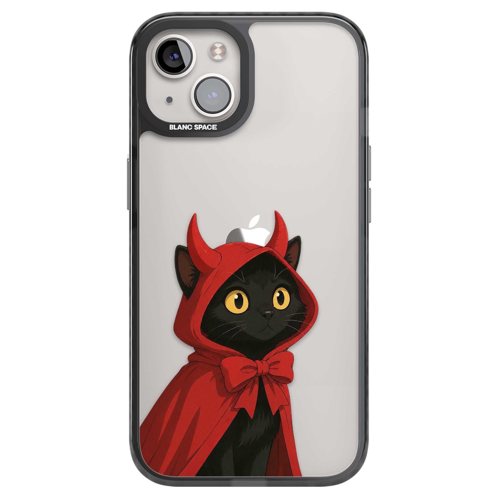 Little Devil halloween iPhone case featuring a black cat in a red hooded devil cloak with horns and golden eyes | Black Impact case for iPhone 13, iPhone 14, iPhone 15