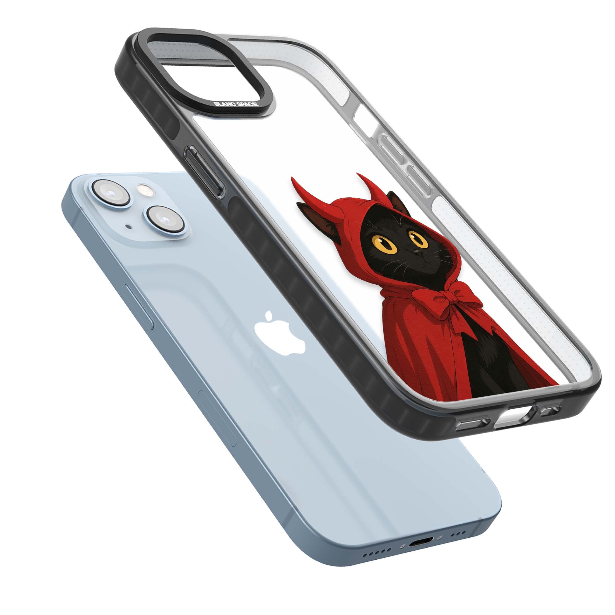 Little Devil halloween iPhone case featuring a black cat in a red hooded devil cloak with horns and golden eyes | Black Impact case for iPhone 13, iPhone 14, iPhone 15