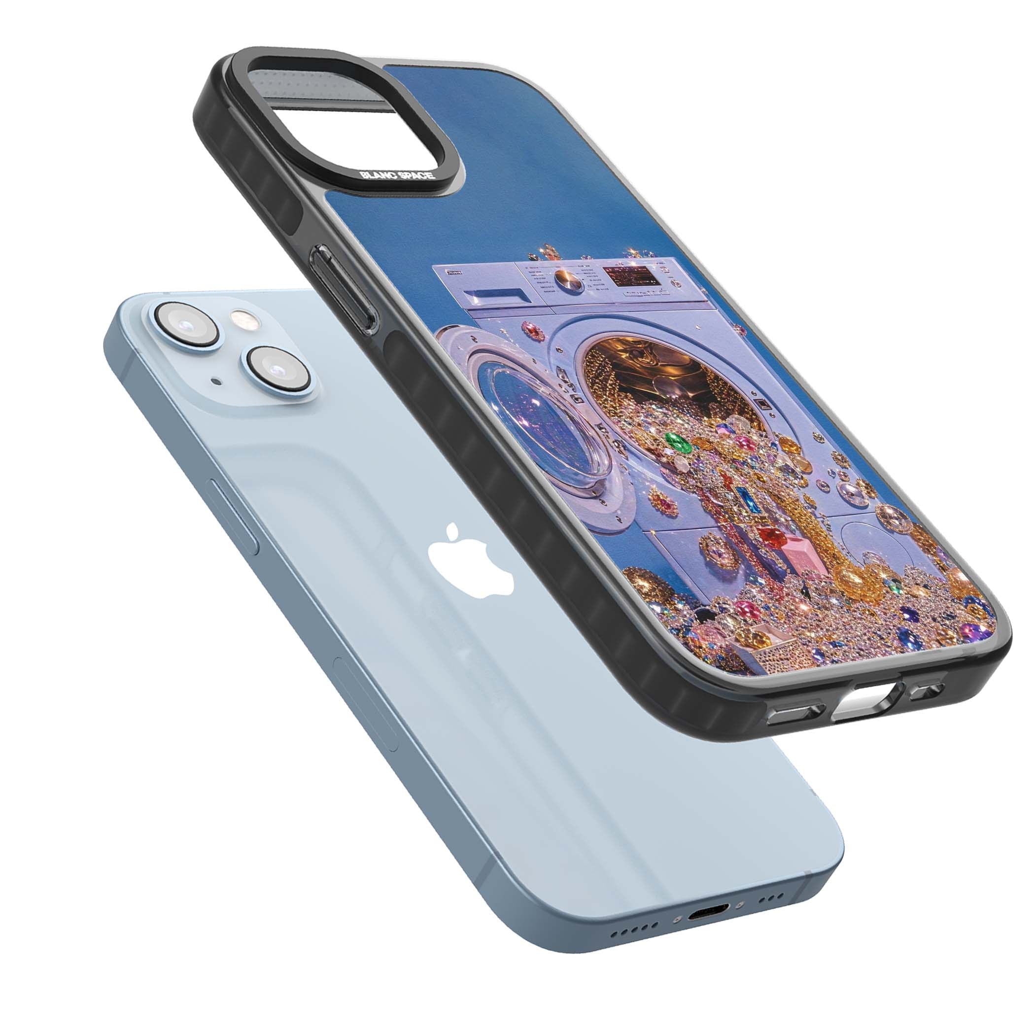 Gem Laundry baddie iPhone case featuring a surreal washing machine overflowing with colourful gemstones and crystals | Black Impact case for iPhone 13, iPhone 14, iPhone 15