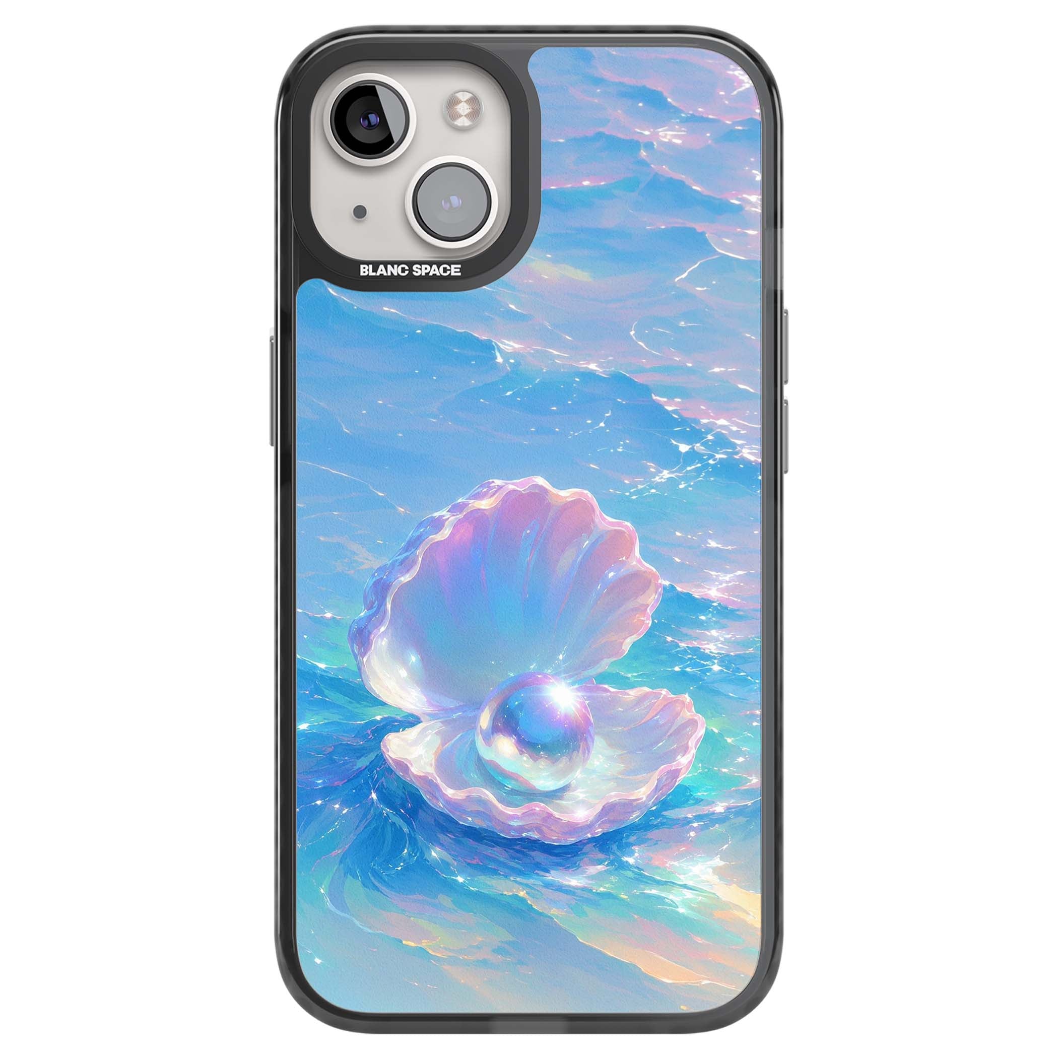 The Pearl Clam mermaidcore iPhone case featuring iridescent seashell, glowing pearl and pastel ocean waves | Black Impact case for iPhone 13, iPhone 14, iPhone 15