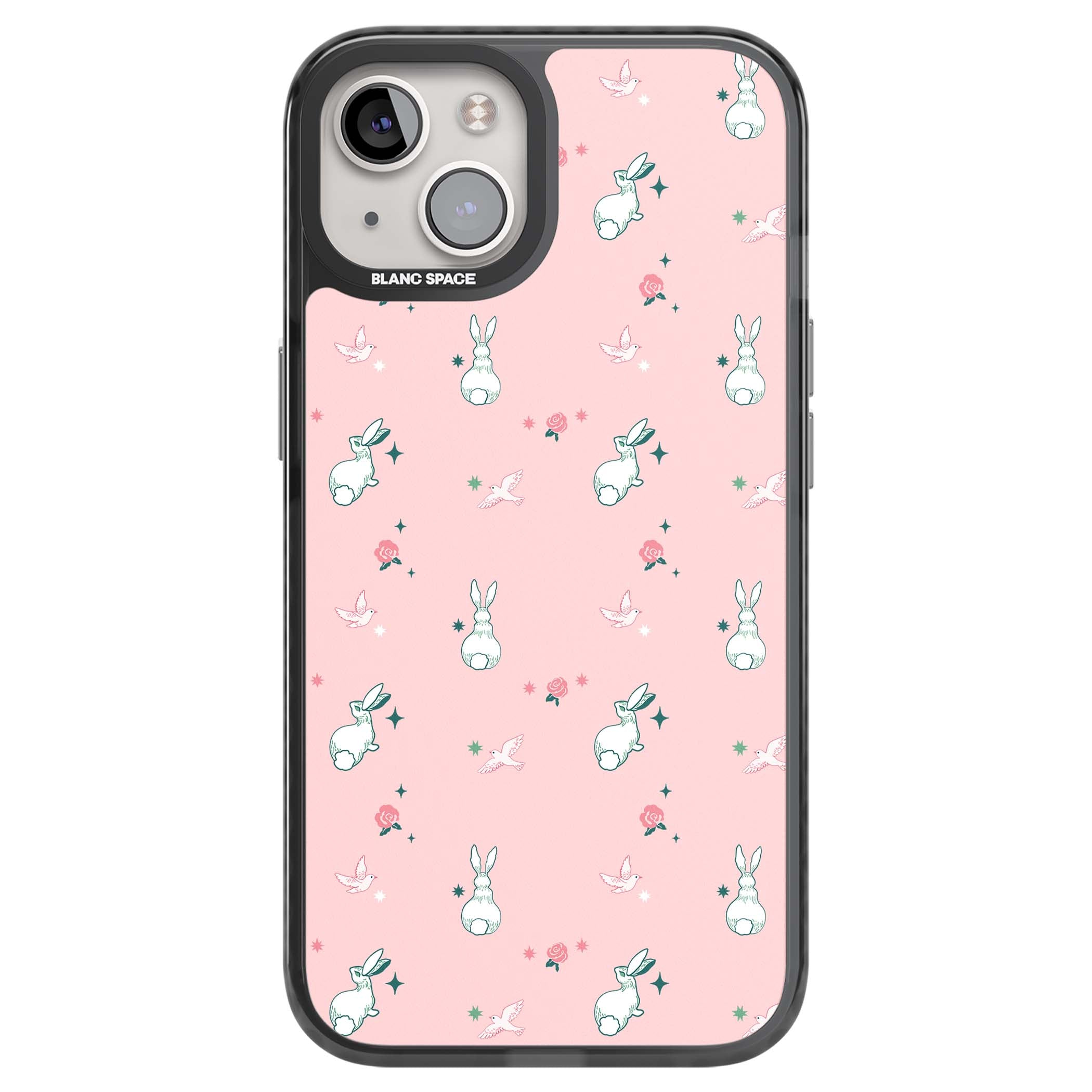 Bunny Garden kawaii iPhone case featuring white rabbits, pink roses, doves and stars on pink background | Black Impact case for iPhone 13, iPhone 14, iPhone 15